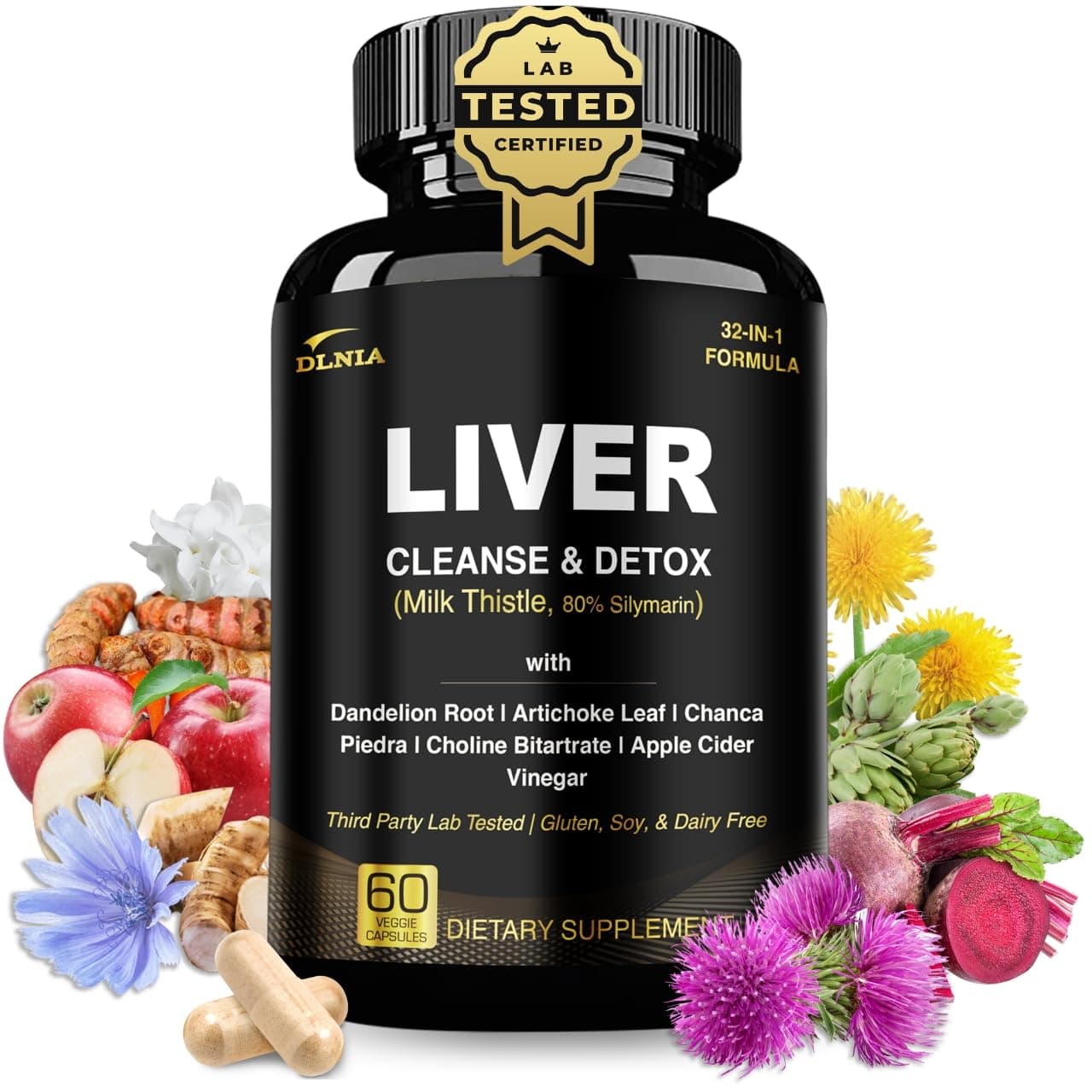 32 in 1 Liver Cleanse Detox & Repair Formula with Apple Cider Vinegar, Milk Thistle Supplement, Artichoke, Dandelion Root Supplement - Non-GMO & Vegan Herbal Liver Support & Repair