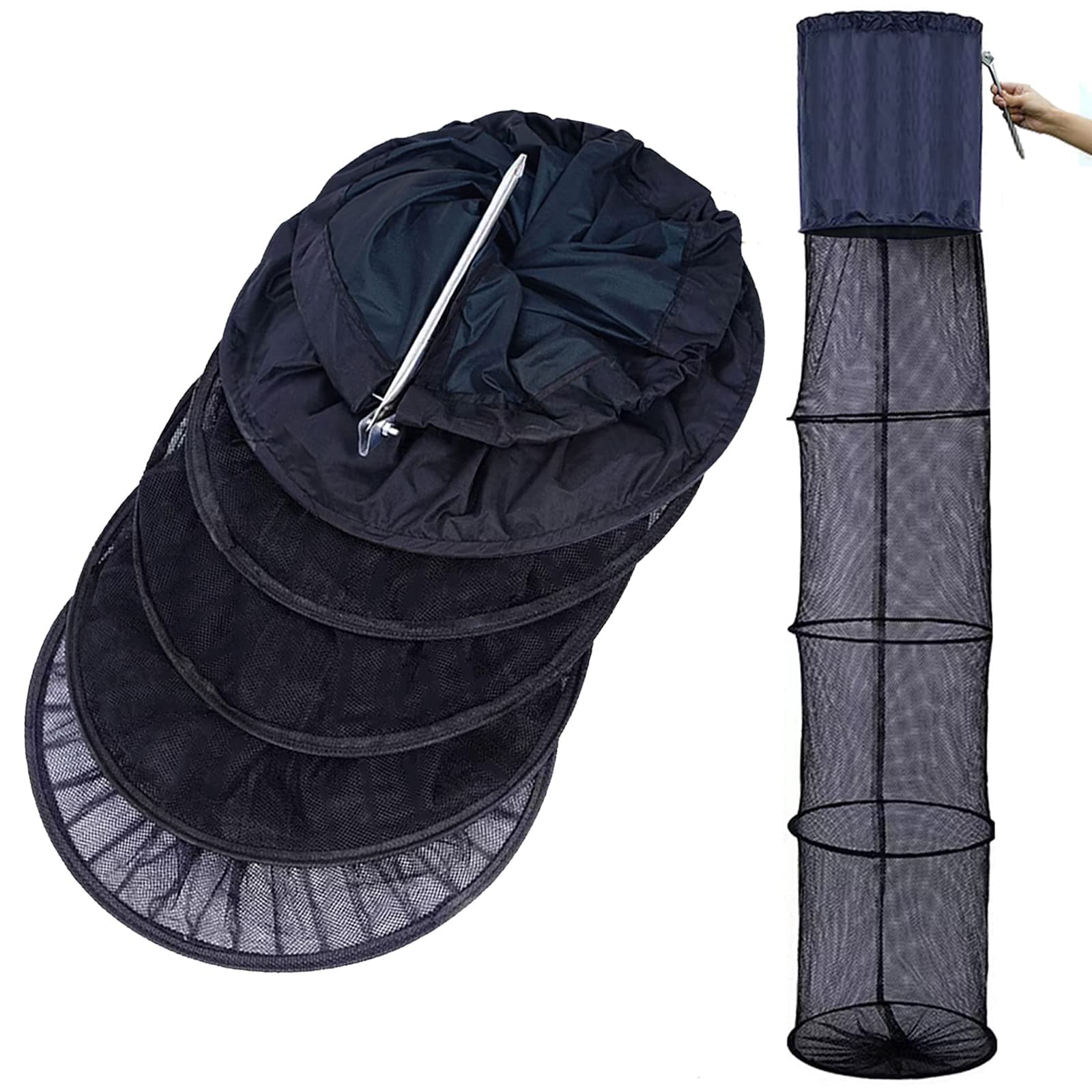 WEISGJAFoldable Fishing Basket, Portable Fish Keeping Net/Fish Cage, Mesh Fish Trap with Anchor Bolt, Fishing Bait Trap Net for Minnows,Crab,Shrimp,Crawfish,Lobster