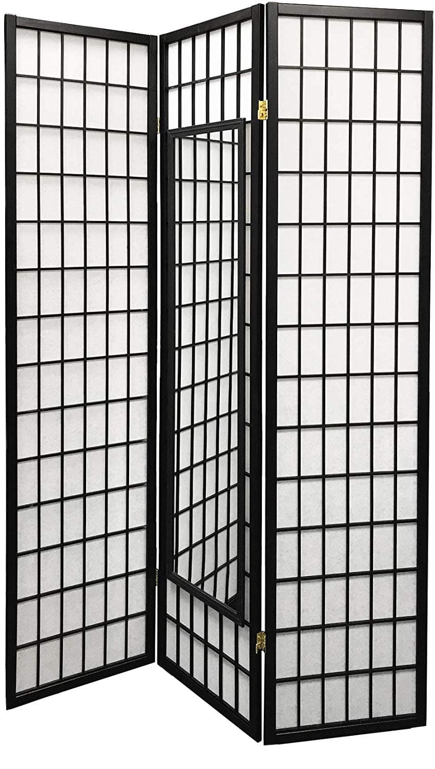The Furniture Cove Shoji Screen Dorm Room Office Divider Partition with Attached Full-Length Mirror 3-Panel Black Finish with Black Mirror
