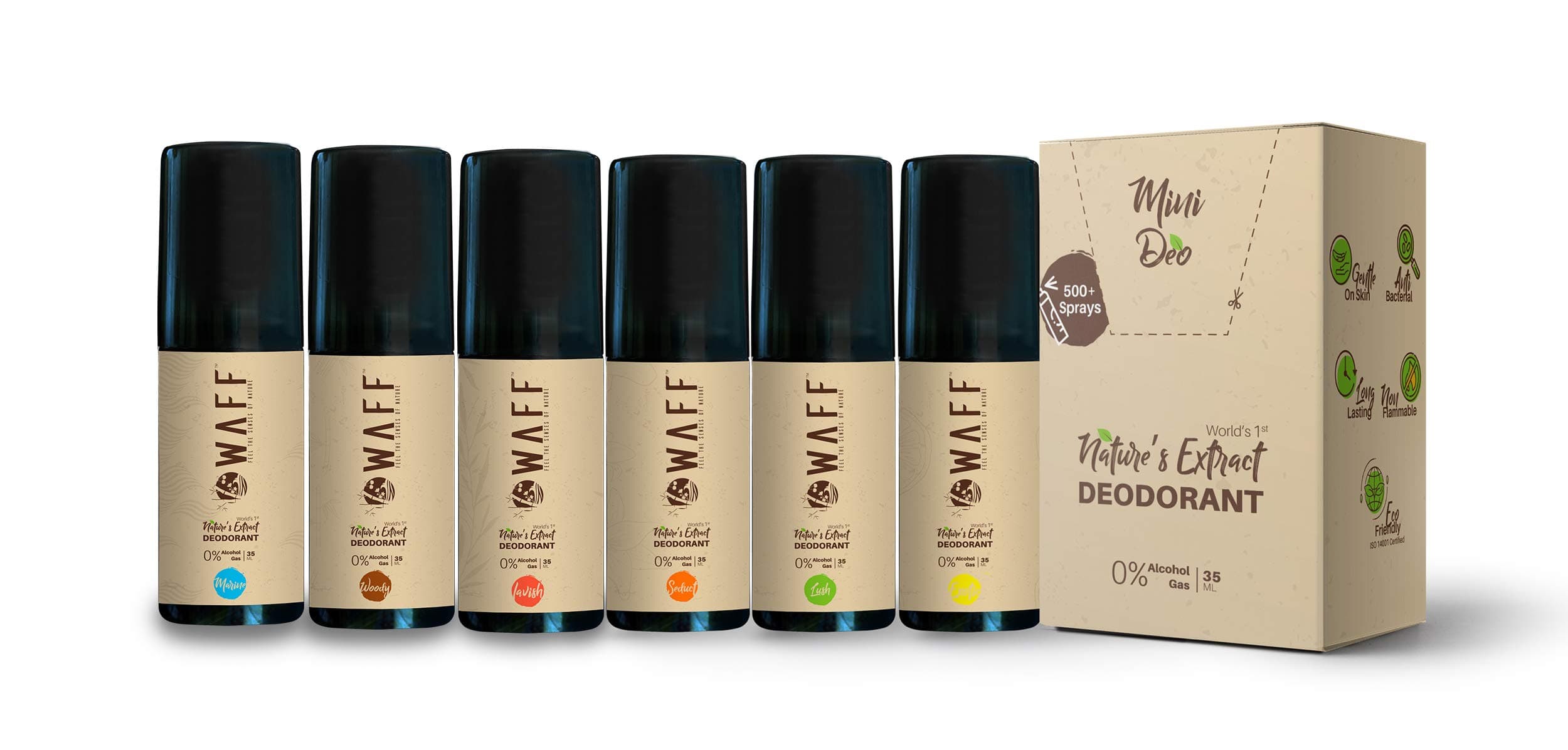 Waff Nature'S Extract Mini Deodorant Set Of Six For Unisex (Marine + Exotic + Seduct + Woody + Lush + Lavish)