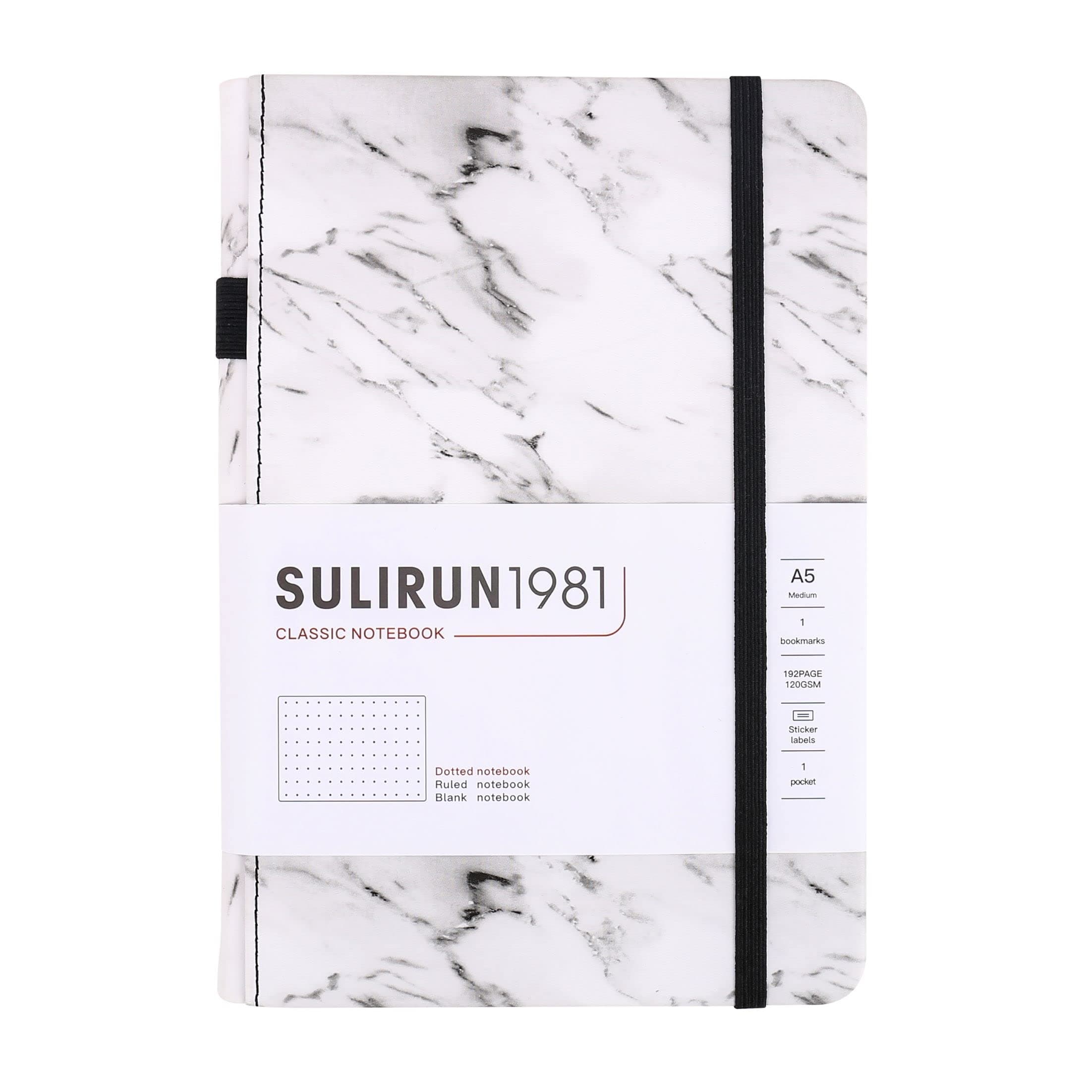 Dotted Journal A5 Hardcover Notebook, SULIRUN1981 Dot Grid 120gsm Thick Paper 160 Pages Journal for Writing with Inner Pocket Faux Leather Cover - Black