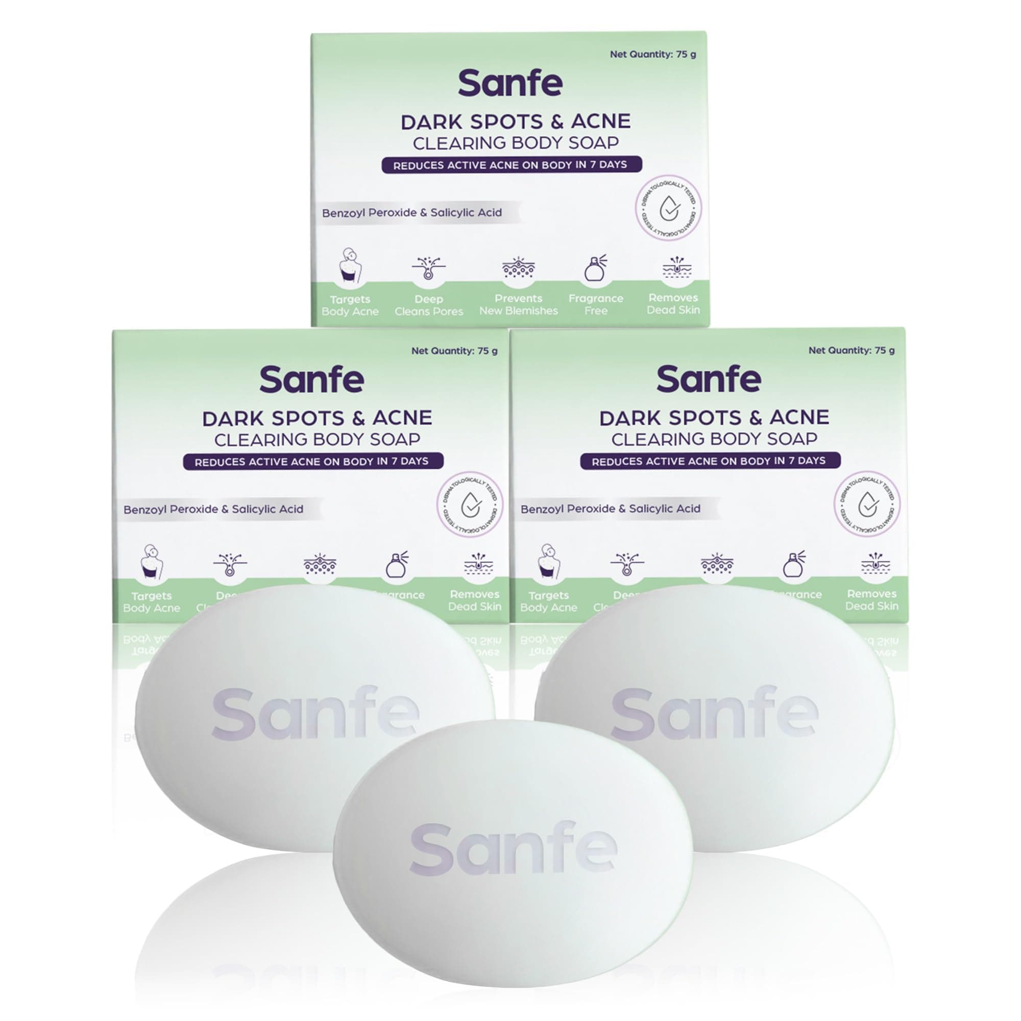 Sanfe Dark Spots & Acne Clearing Body Soap | Prevents Body Acne, Bumpy Skin & Fades Dark Spots | Salicylic Acid 2% W/W, Benzoyl Peroxide | Non Drying Formula | 75gm (Pack of 3)