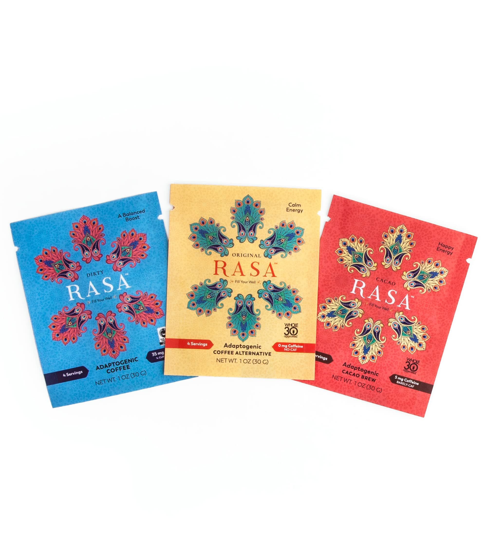 RASA 3-Pack Sampler (Original, Cacao, & Dirty) – Adaptogenic Mushroom Coffee Alternative | Vegan, Keto, Whole 30, Ayurveda Wellness Tonic with Chaga + Reishi (3 Packets / 1 oz. ea.)