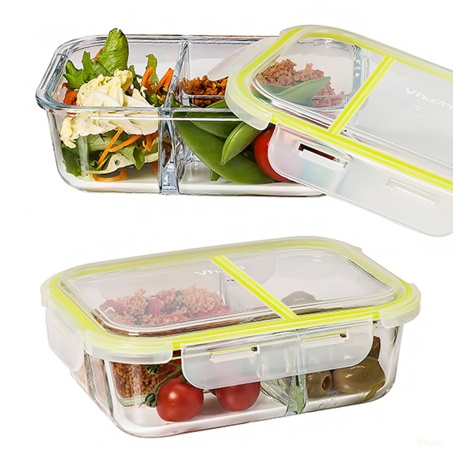 Vhari 3 Compartment Glass Food Storage Containers with Lids (1040ml x 2) Meal Prep and Portion Control Lunch Box | Airtight, Leakproof | Microwave, Oven, Freezer, Dishwasher Safe, BPA Free