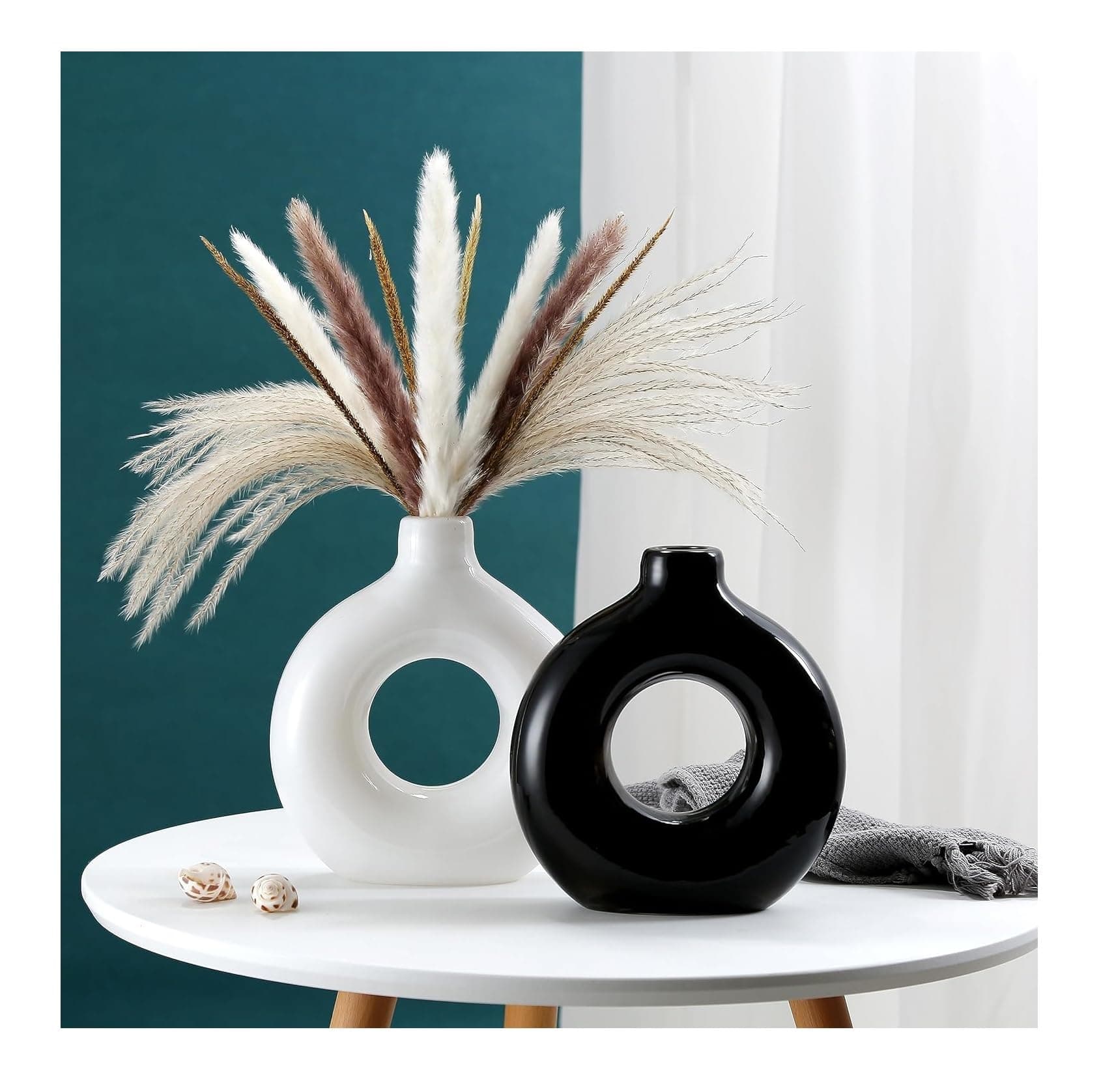 Ceramic Donut Vase, Flower Vase Pampas Grass Vase, Vase Home Decor Centrepiece Decor for Home, Office, or Gifts-Vase Only - (1 White + 1 Black (6.5 Inches))