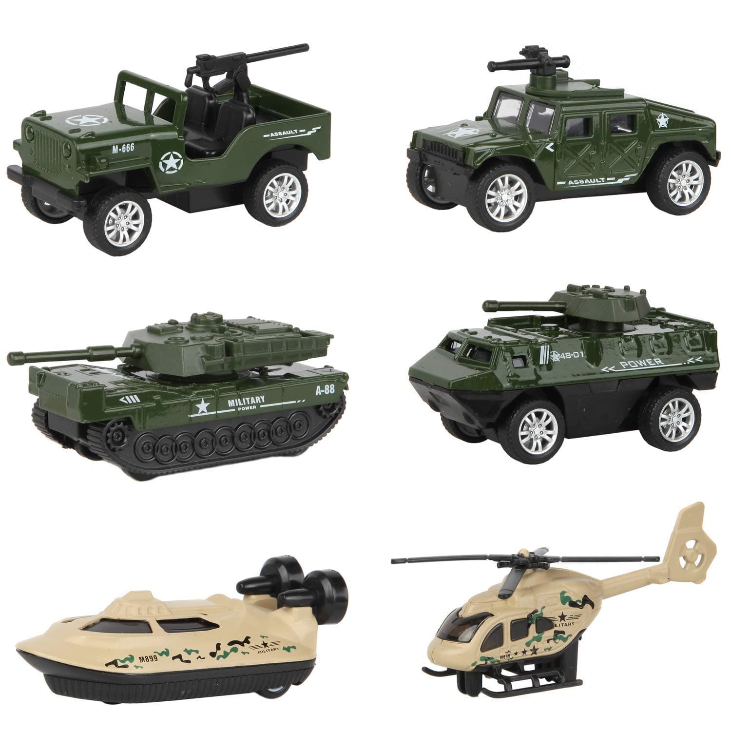 Die-Cast Military Vehicles - 6 Pack Alloy Metal Army Car Toys for Boys - Tank, Jeep, Panzer, Helicopter, Anti-Air and Hovercraft Vehicle | Best Toy Gift for 3 4 5 6 7 Year Old Boys Kids