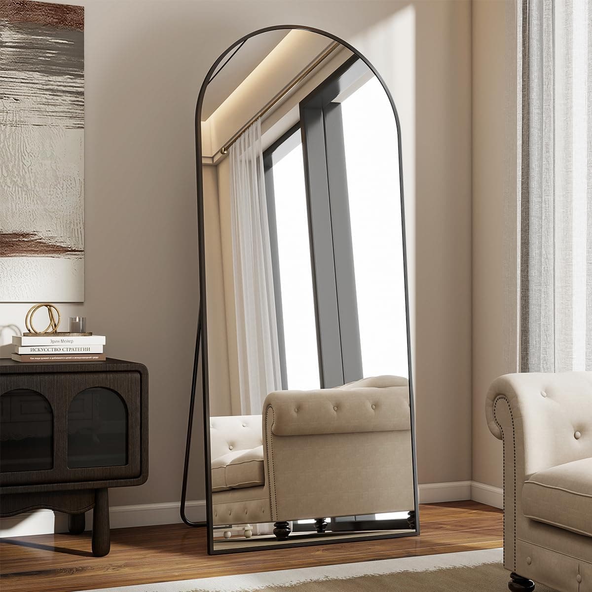 VooBang 24 x 65 inch Arched Full Length Mirror, Black Arch Floor Mirror Full Length with Stand, Full Body Standing Mirror for Living Room, Bedroom, Hanging or Leaning Against The Wall