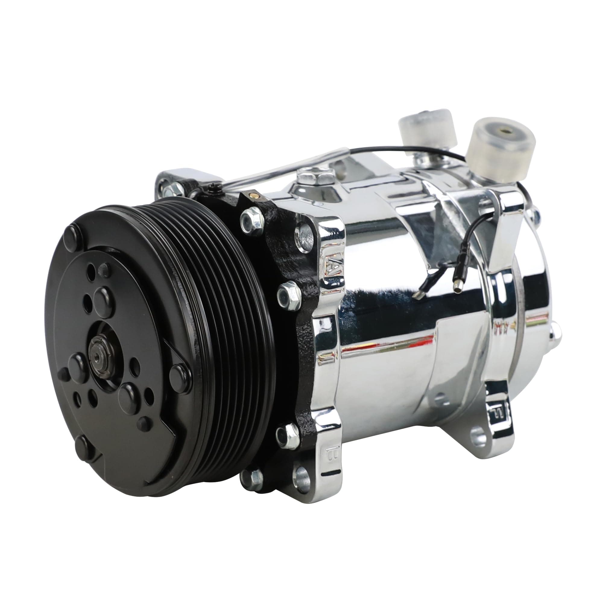 Universal A/C Compressor with Black PV7 Clutch SD 508 Style 5H14 R134A Chrome Serpentine Belt