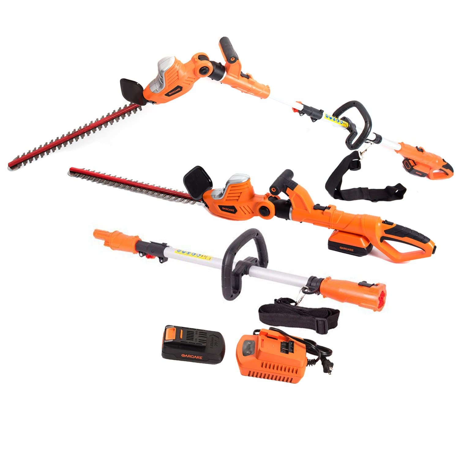 GARCARE Li-ion Cordless 2 in 1 Pole Hedge Trimmer 20V with 20-Inch Laser Blade,2.0ah Battery, 1 Hour Charger Included