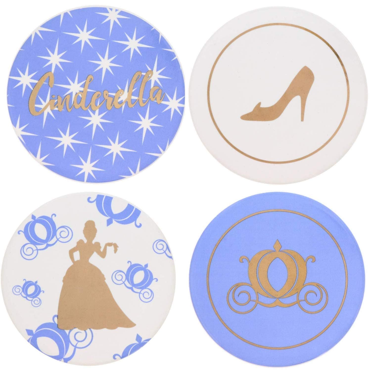 Cinderella Themed Coaster Set with 4 Unique Designs - Ceramic Coasters that Make Beautiful Home Accessories to Protect Tables from Drink Marks, Water Rings, and Scratches, 4 Piece Heavy Coasters