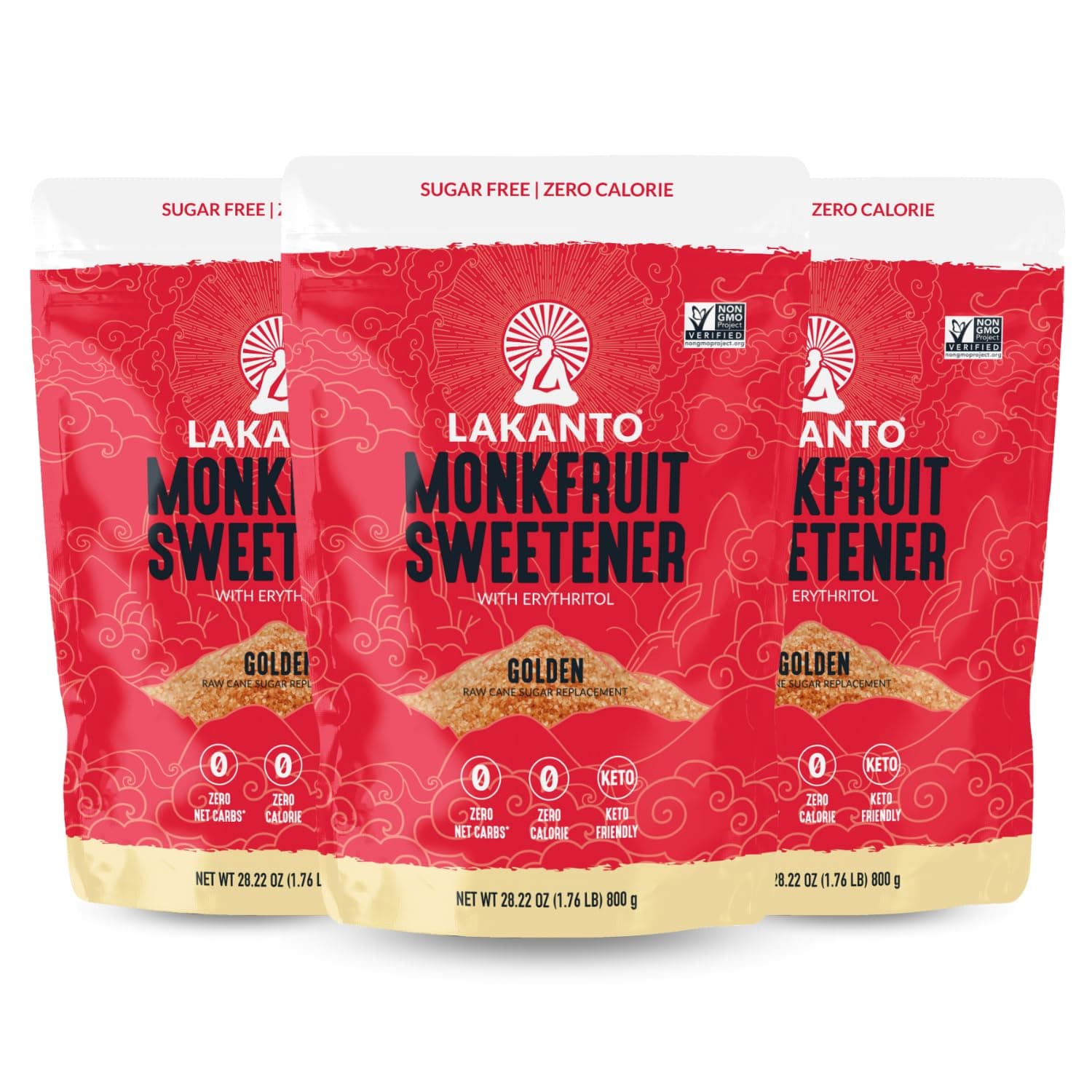 Lakanto Golden Monk Fruit Sweetener with Erythritol - Raw Cane Sugar Substitute, Zero Calorie, Keto Diet Friendly, Zero Net Carbs, Baking, Extract, Sugar Replacement (Golden - 1.76 lb Pack of 3)