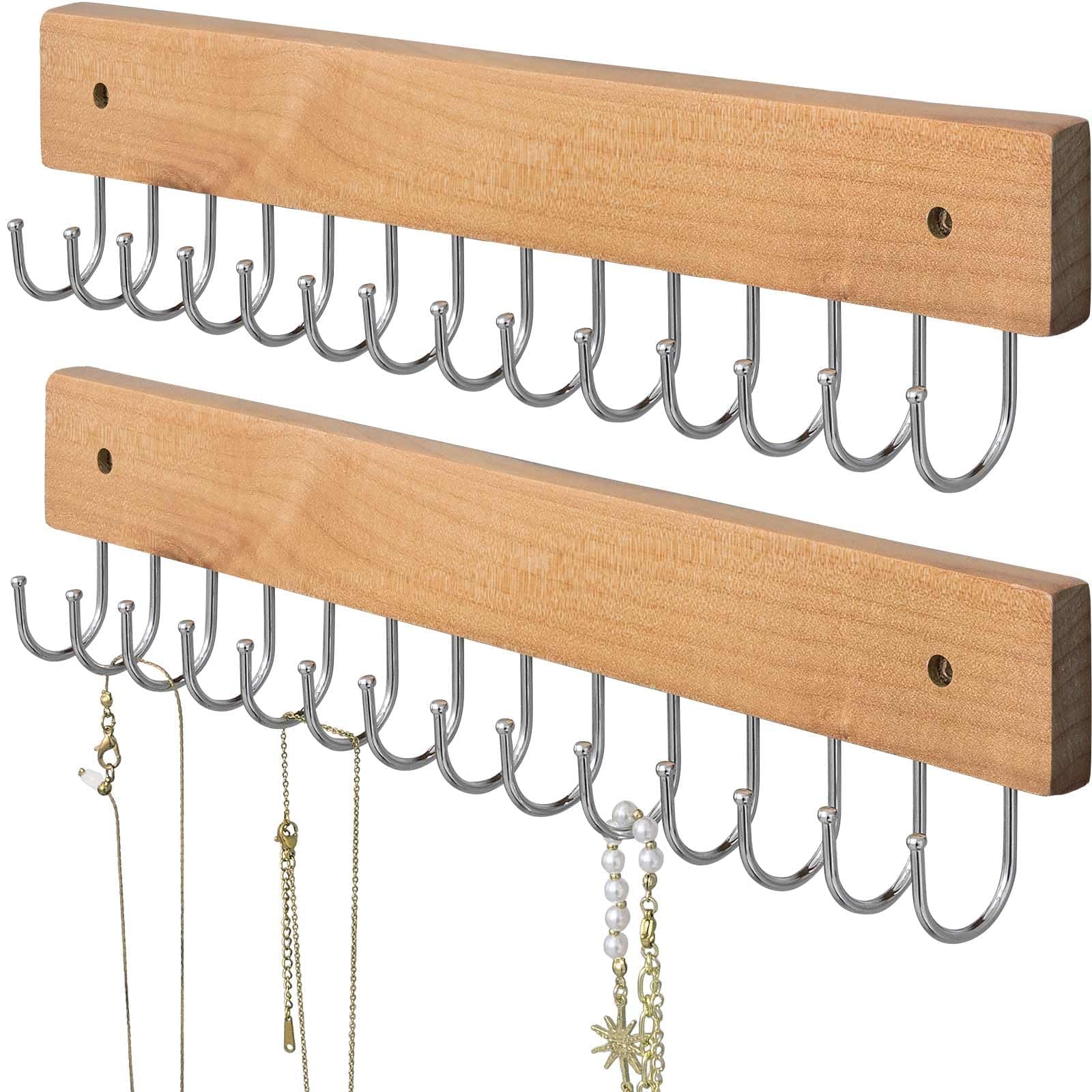 Wall Mounted Necklace Holder, Farmhouse Style Necklace Holder, Tangle Free Wall Jewelry Organizer with 28 Hooks(2 Packs,Natural)