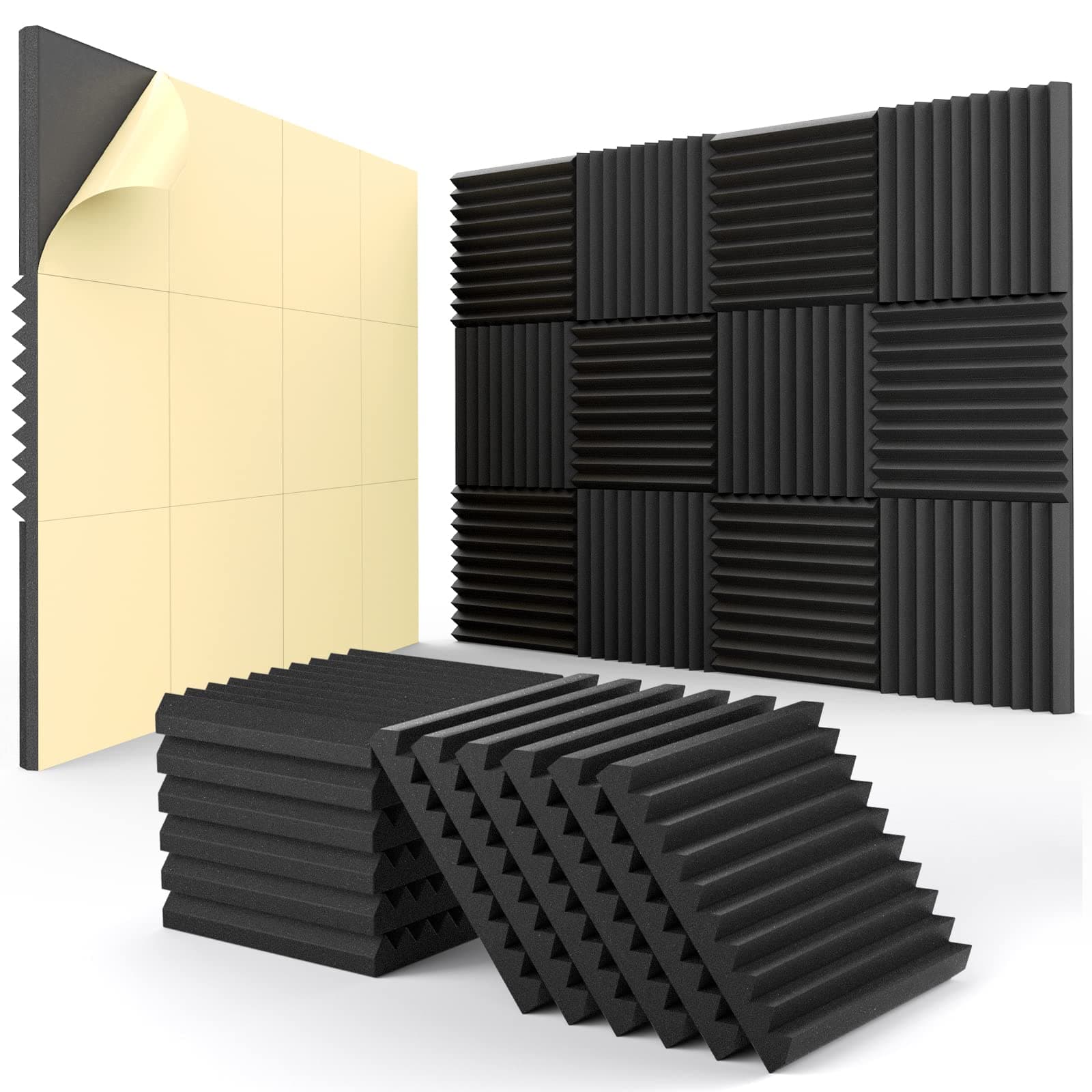 HEMRLY 12 pack Acoustic Panels Self-Adhesive, 1" X 12" X 12" Quick-Recovery Sound Proof Foam Panels, Acoustic Foam Wedges High Density, Soundproof Wall Panels for Home Studio,Carbon Black