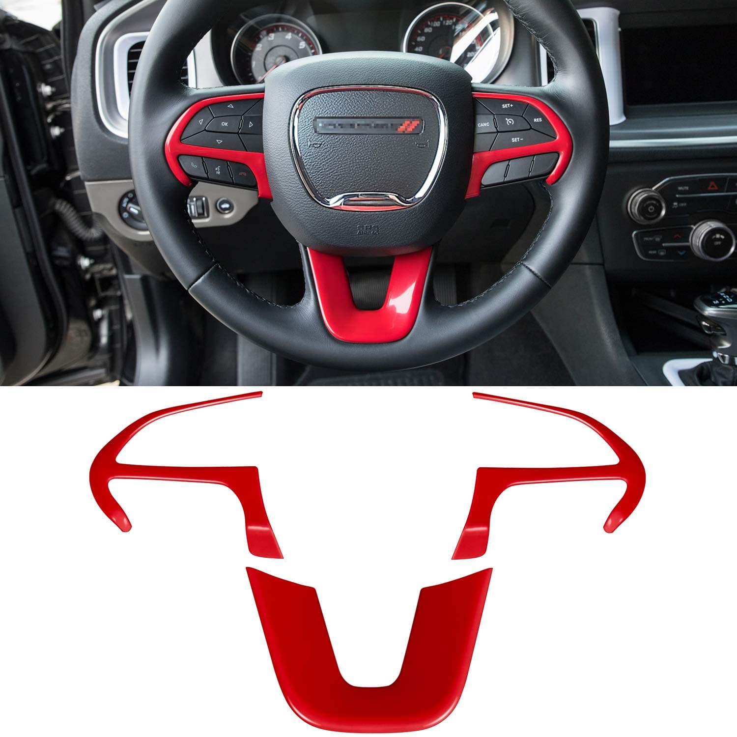 Steering Wheel Cover Trim Interior Accessories Decoration Kit for 2015-2024 Dodge Challenger Charger, for 2014-2024 Dodge Durango & Jeep Grand Cherokee SRT8 (Red 3PCS)