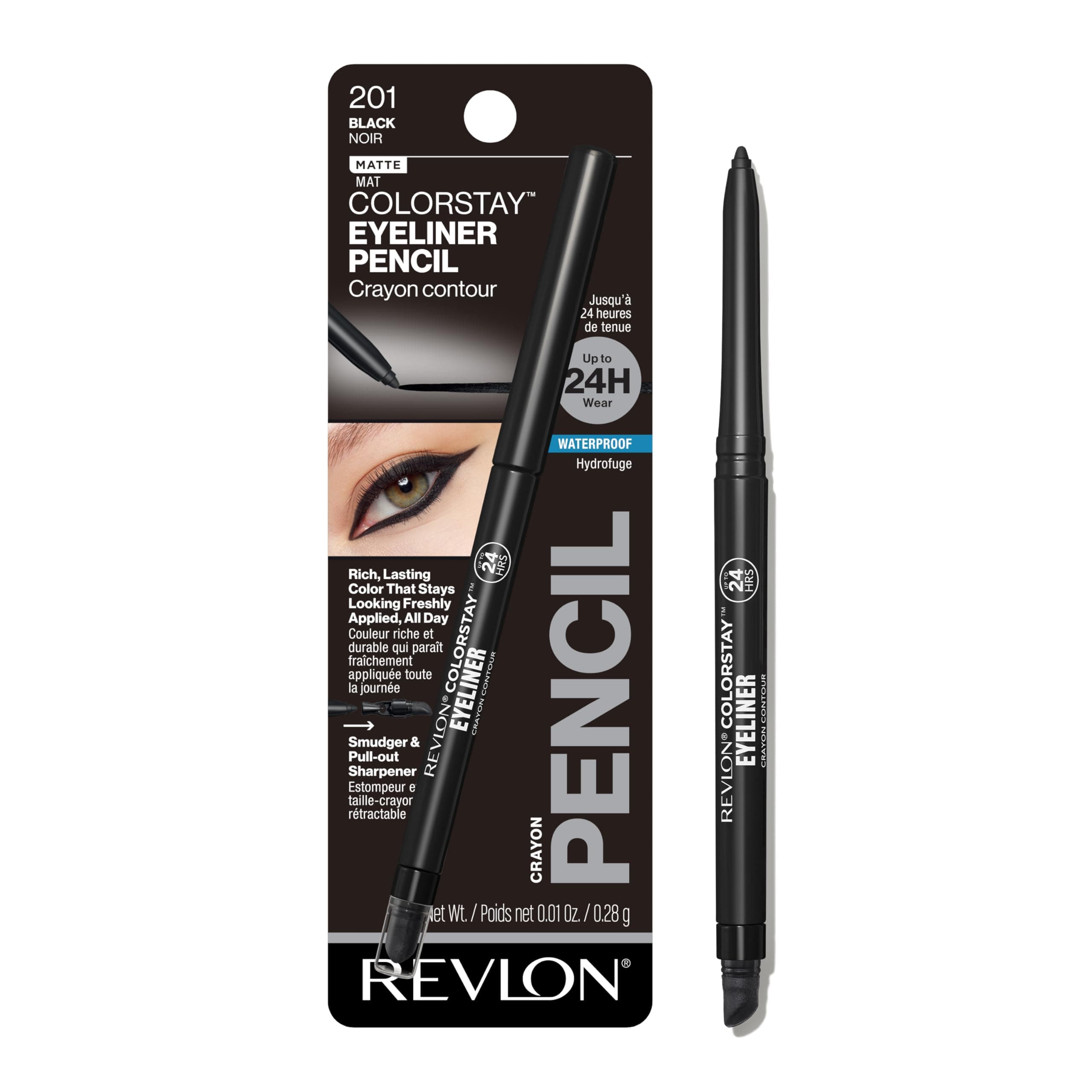 Revlon ColorStay Pencil Waterproof Eyeliner, Smudge-Proof, Eye Makeup with Built-In Sharpener, Stocking Stuffer for Women, 201 Black, 0.01 oz