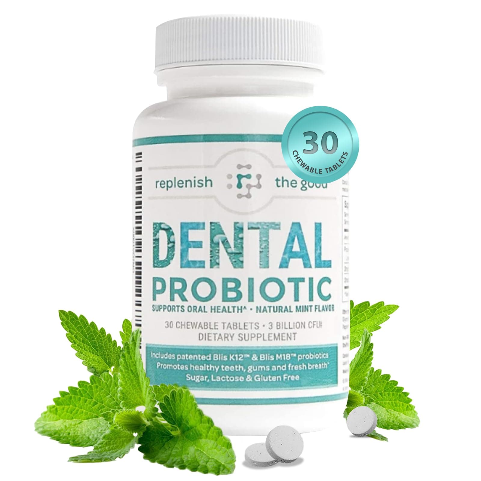 Dental Probiotic, 30 Sugar Free Chewable Tablets, Mint Flavor - Vegan Supplements w/BLIS K12 & M18 - Boosts Oral Health - Fights Bad Breath (Halitosis), Tooth Decay, Strep Throat