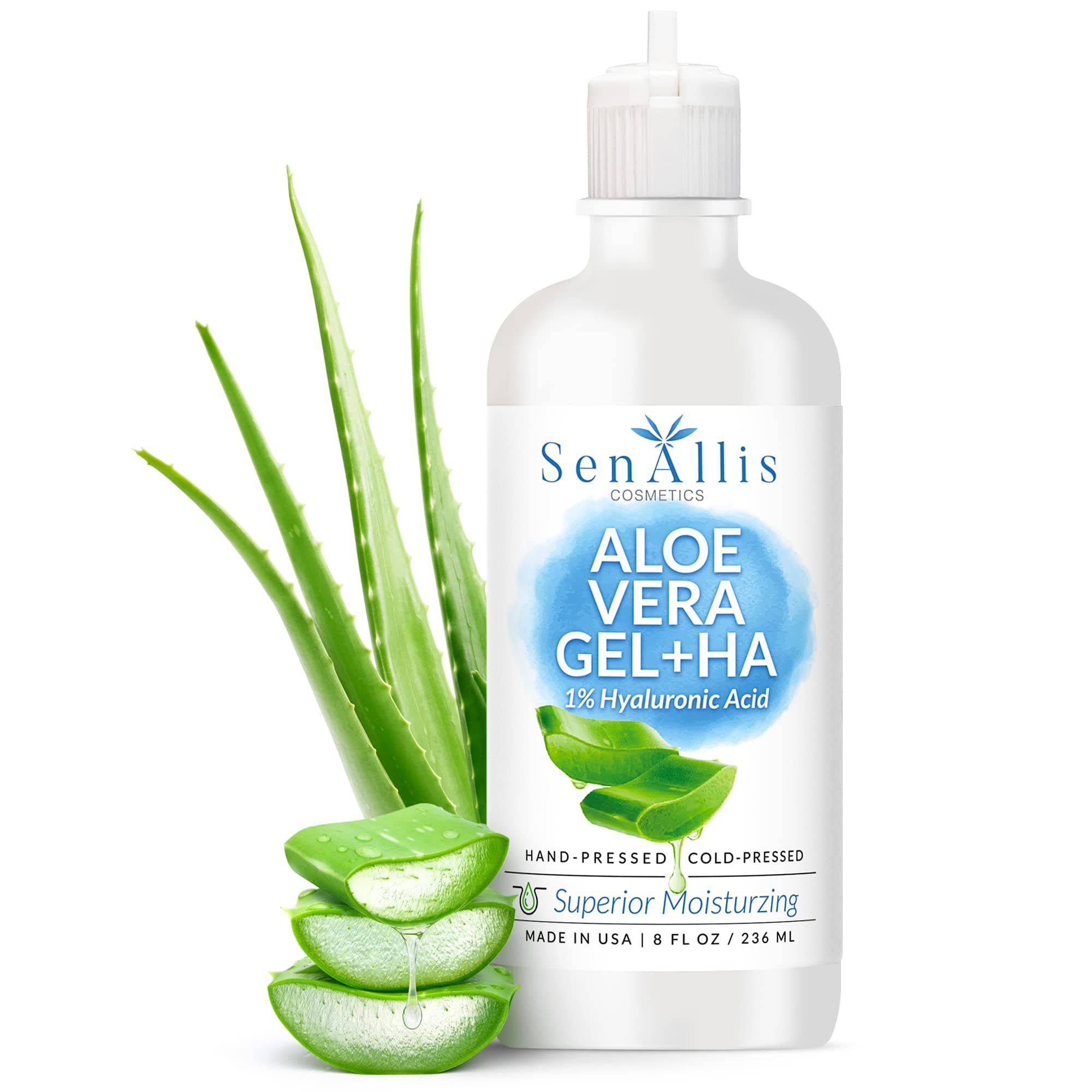 SenAllis Cosmetics Aloe Vera Gel + Hyaluronic Acid + Vitamin E Serum 8 fl oz, Made In USA, Anti Aging, Anti Wrinkle, Ultra-Hydrating Moisturizer
