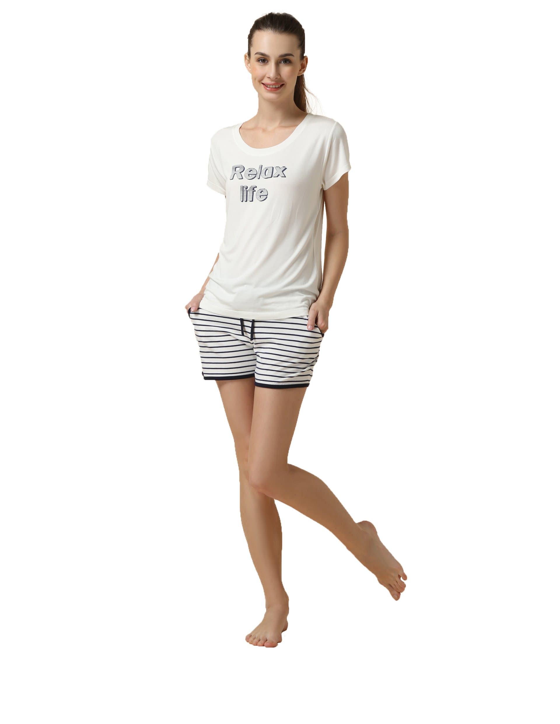 LEMONMOON Ladies Pyjama Short Sleeve Sleepwear Women's 2 Piece pjs Sets T-Shirt and Shorts Nightwear Comfy Loungewear(White,L)