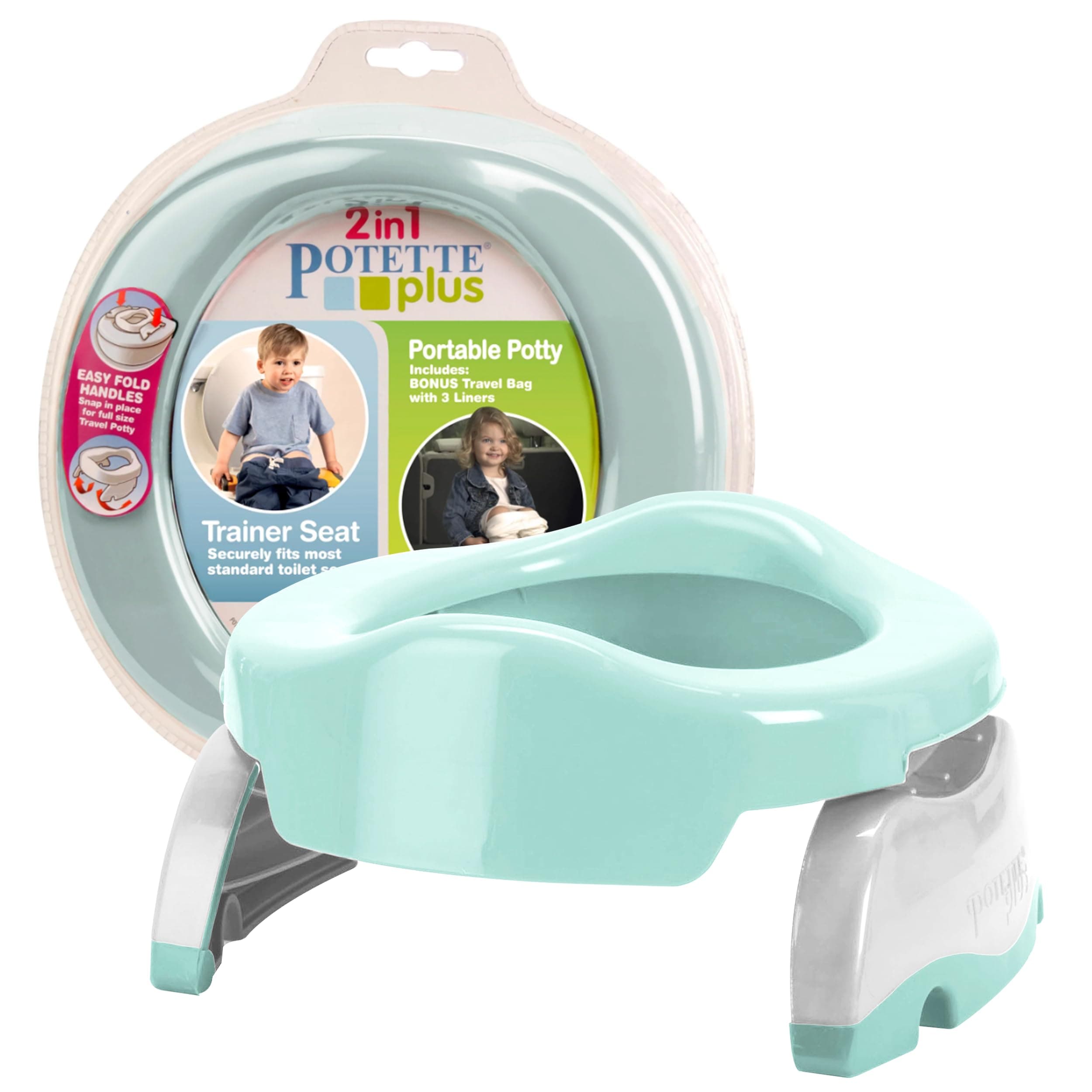 Potette Plus 2-in-1 Travel Potty and Trainer Seat - Dual-Purpose Potty Training Toilet Seat - Portable Potty for Toddler Travel - with Durable, Lock-in Legs and Splash Guard - Pastel Mint
