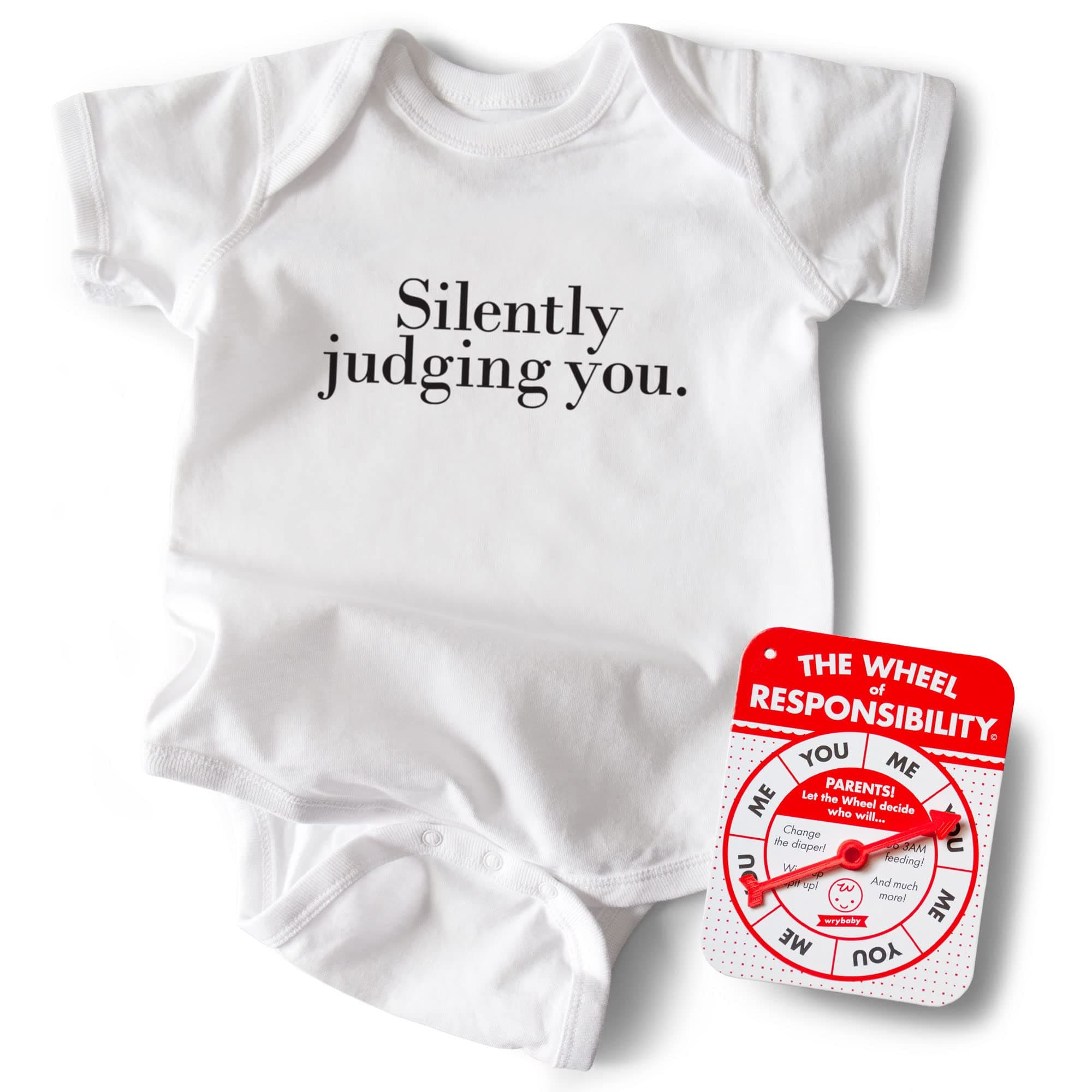 WRYBABY Funny Baby Bodysuit | Silently Judging You | White | Plus New Parent Gift, The Wheel of Responsibility Spinner Game