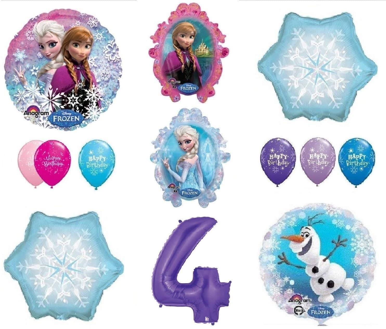 LoonBalloon FROZEN Anna ELSA OLAF Snowman Snowflake 4th #4 (12) Birthday Party Balloons Set by LoonBalloon