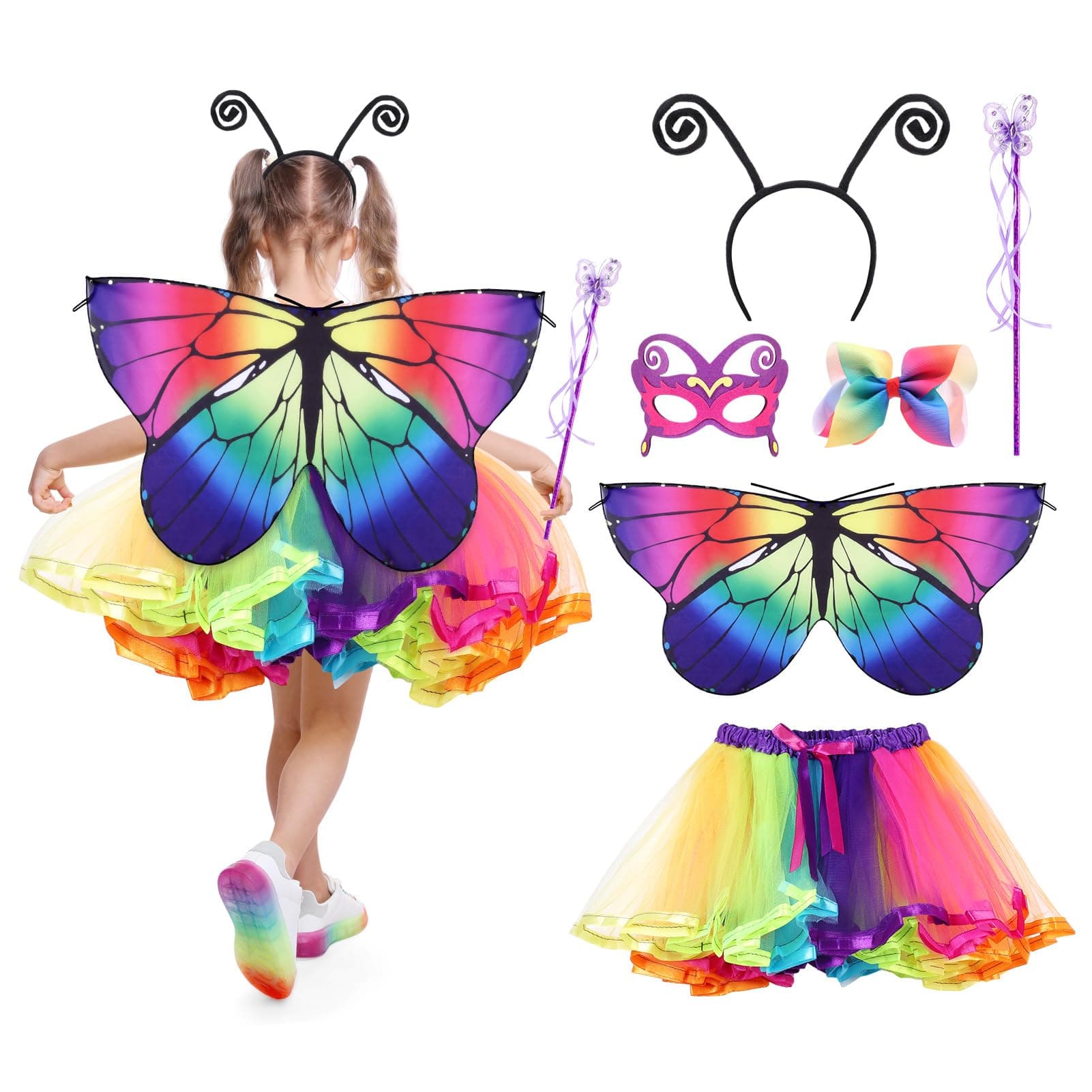 Kids Butterfly Wings Costume Set, Fairy Dress Up with Butterfly Wings Tutu Skirt Wand Headband Hairclip and Mask Kit, Fantasy Dress for 3-8 Years Girls Halloween Carnival Cosplay