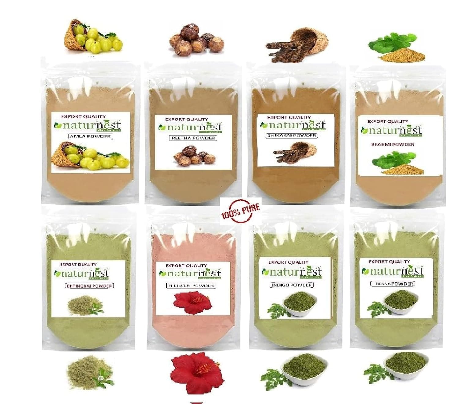 Naturenest Natural Naturenest Amla, Reetha, Shikakai, Bhringraj, Hibiscus, Brahmi, Henna And Indigo Powder Combo Powder Pack for Hair, Natural Products for Hair Growth, 50gm (Pack of 8) 400 gm