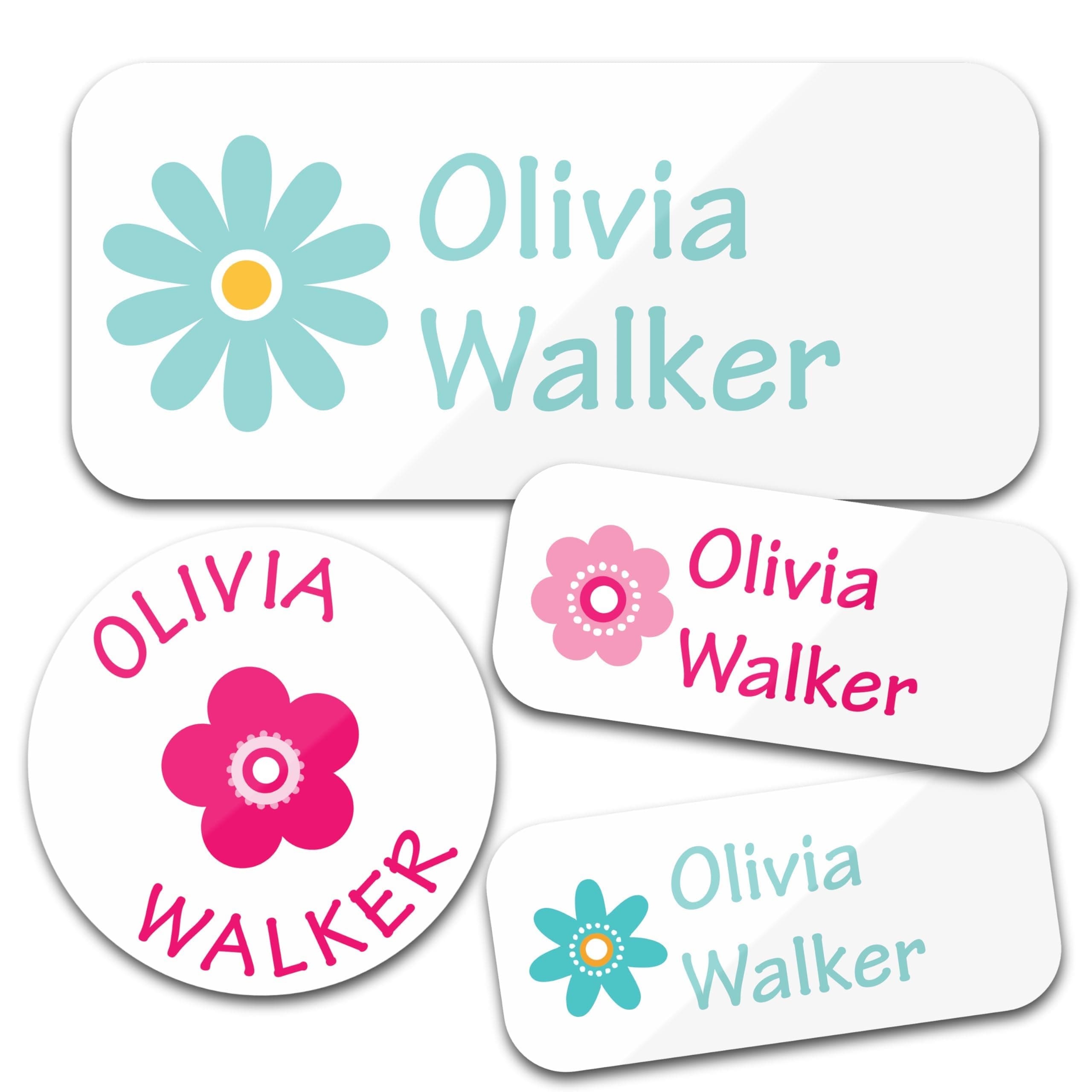 Personalized Daycare Name Labels for Kids (130 Labels) - Custom Waterproof Name Stickers for Clothing Tags, Water Bottles, Lunch Boxes and School Supplies (Flowers)