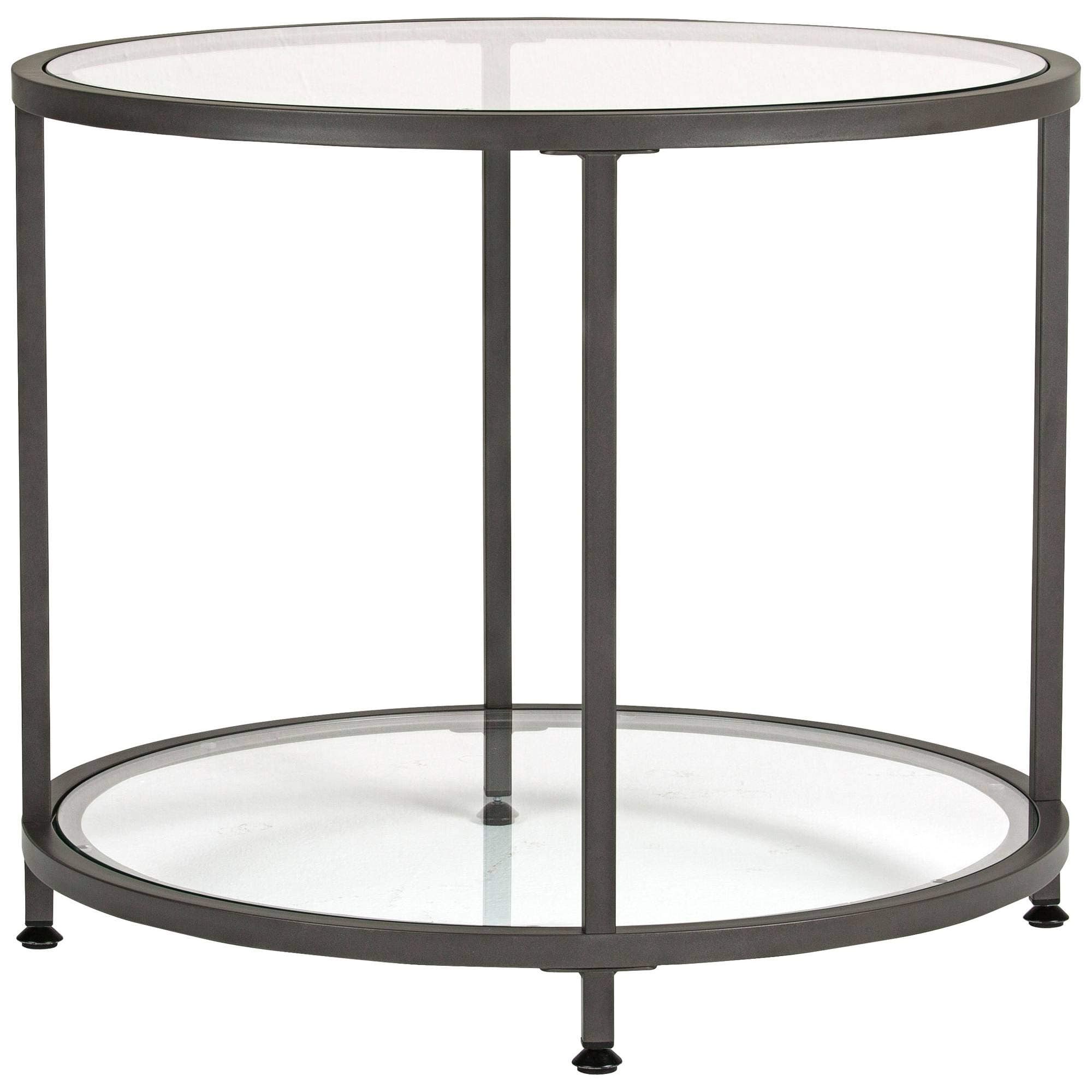 Studio Designs Home Camber Round Side Table End Table Glass Coffee Table In Pewter With Clear Glass, 71004, 26 In