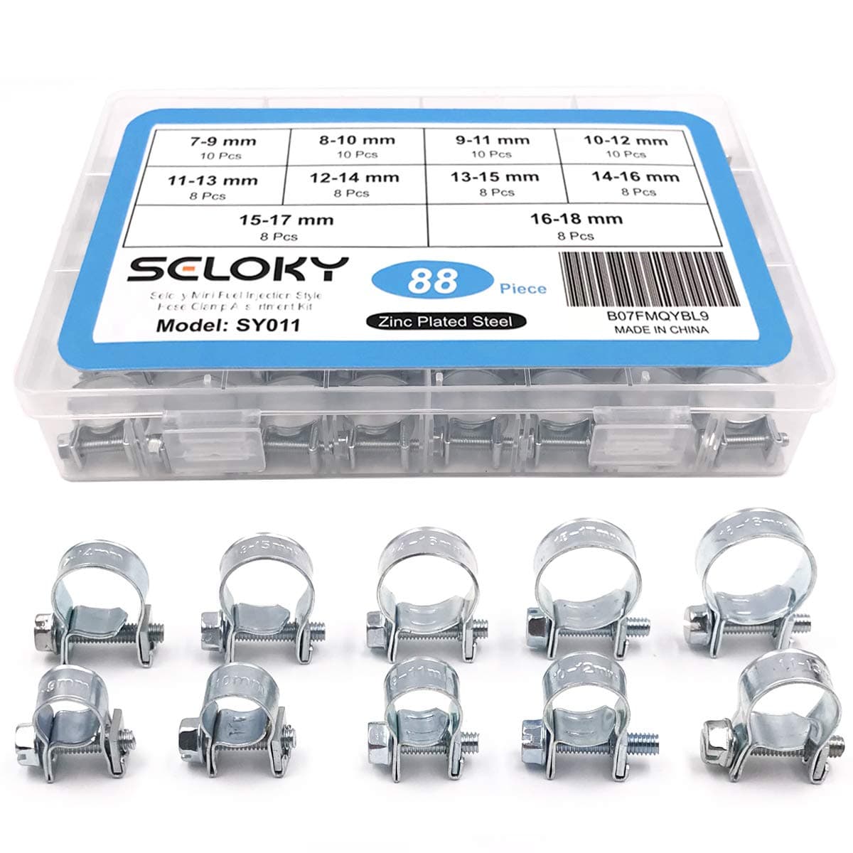 Seloky 88Pcs 10 Size Mini Fuel Injection Style Hose Clamp Assortment Kit for Diesel Petrol Pipe