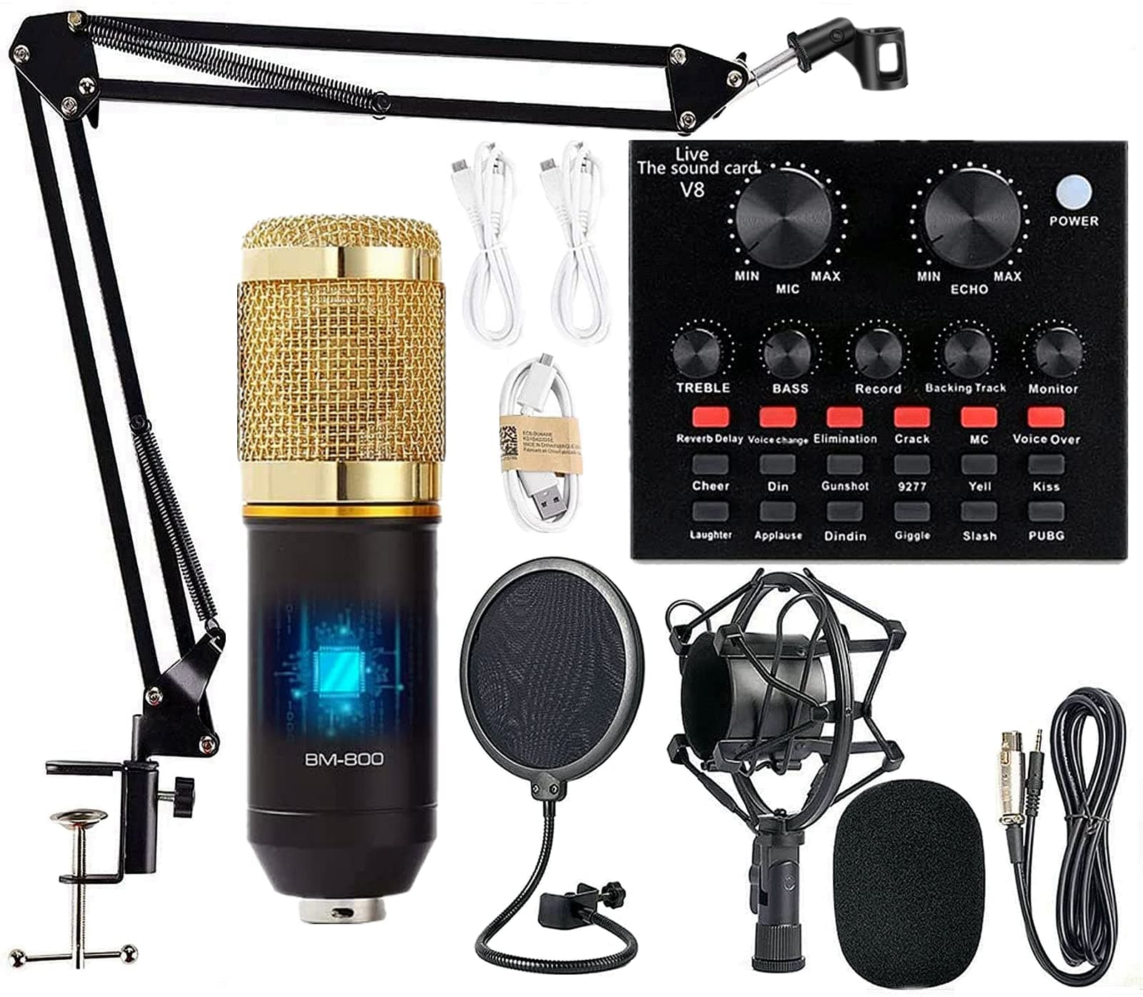 Podcast Equipment Bundle, BM-800 Mic Kit with Live Sound Card, Adjustable Mic Suspension Scissor Arm, Metal Shock Mount and Double-Layer Pop Filter for Studio Recording & Broadcasting