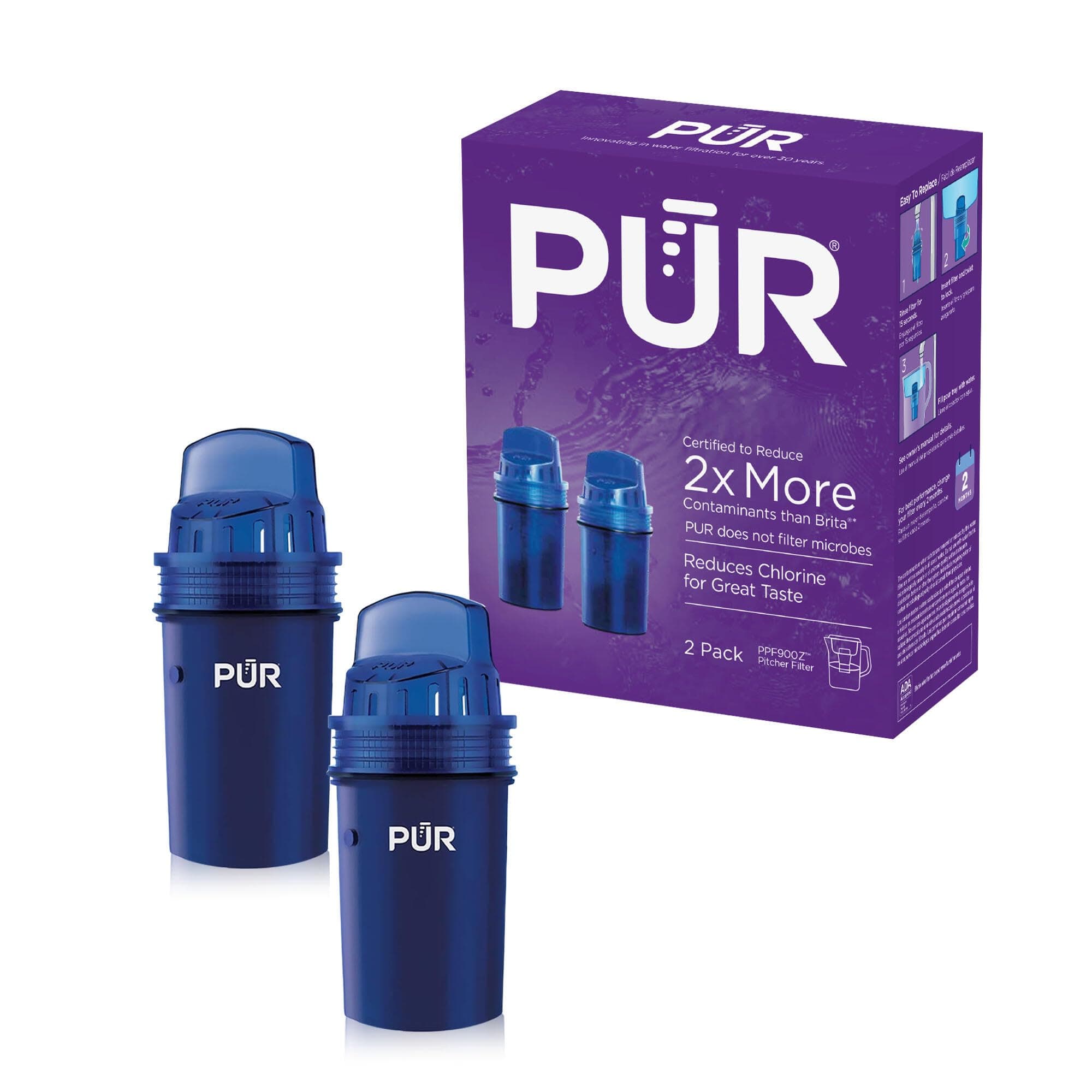 PUR Water Pitcher & Dispenser Replacement Filter 2-Pack, Genuine PUR Filter, 2-in-1 Powerful Filtration and Faster Filtration, 4-Month Value, Blue (PPF900Z2)