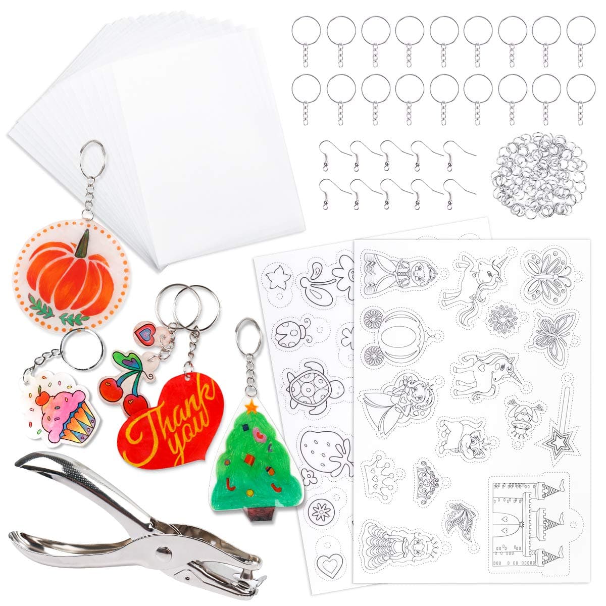 Mocoosy Shrink Plastic Kit for Shrinky Dinks, 148PCS Heat Shrinky Art Sheets for Kids, Clear Frosted Shrink Paper Include Shrinkable Films & DIY Keychain Earring Making Accessories Craft Activity Set
