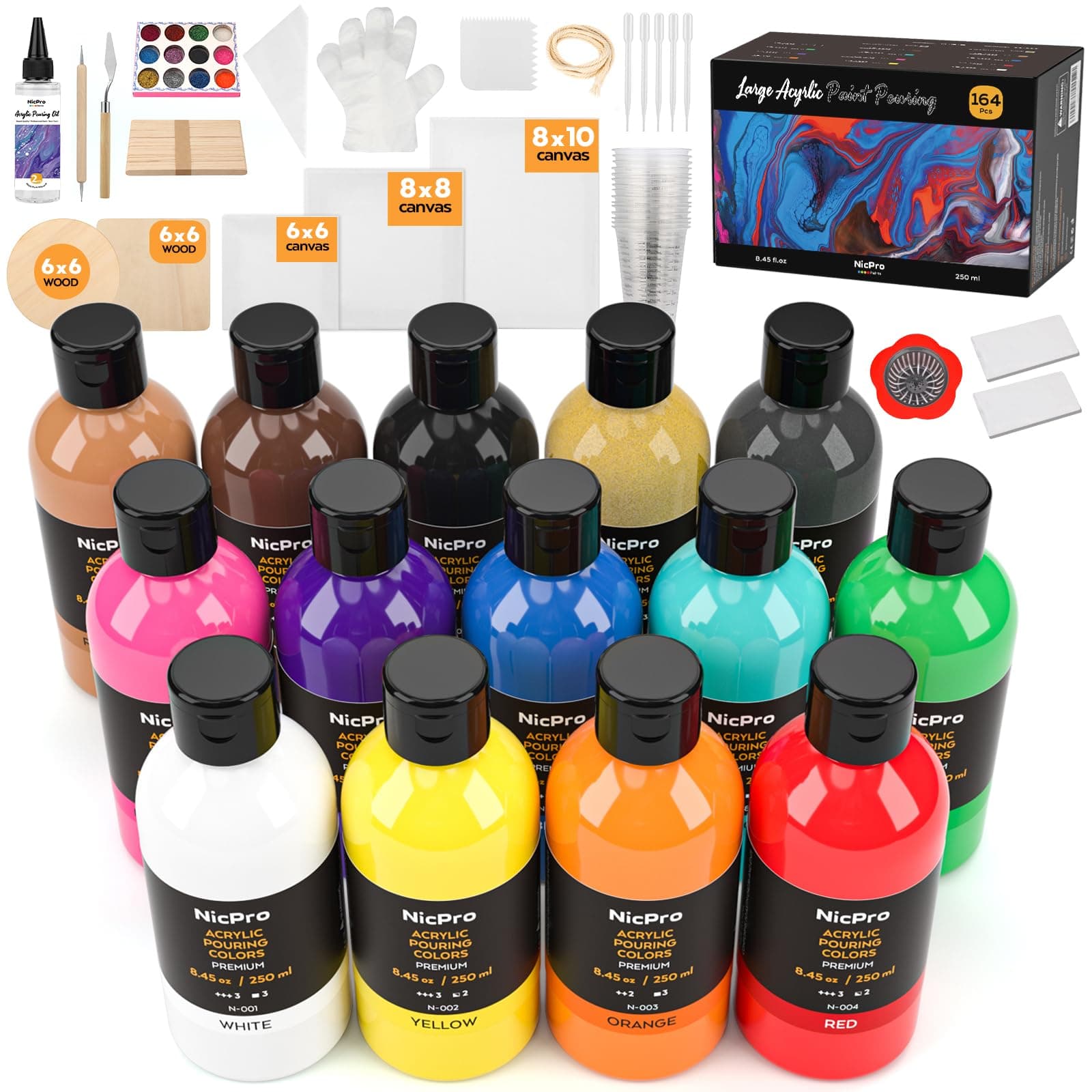 14 Colors Acrylic Pour Paint Supplies Kit (8.45oz/ 250ml), Premixed High Flow Painting Bulk Set with Canvas, Wood Natural Slices, Pouring Oil, Tools Gloves, Strainer, Cups for Beginner DIY
