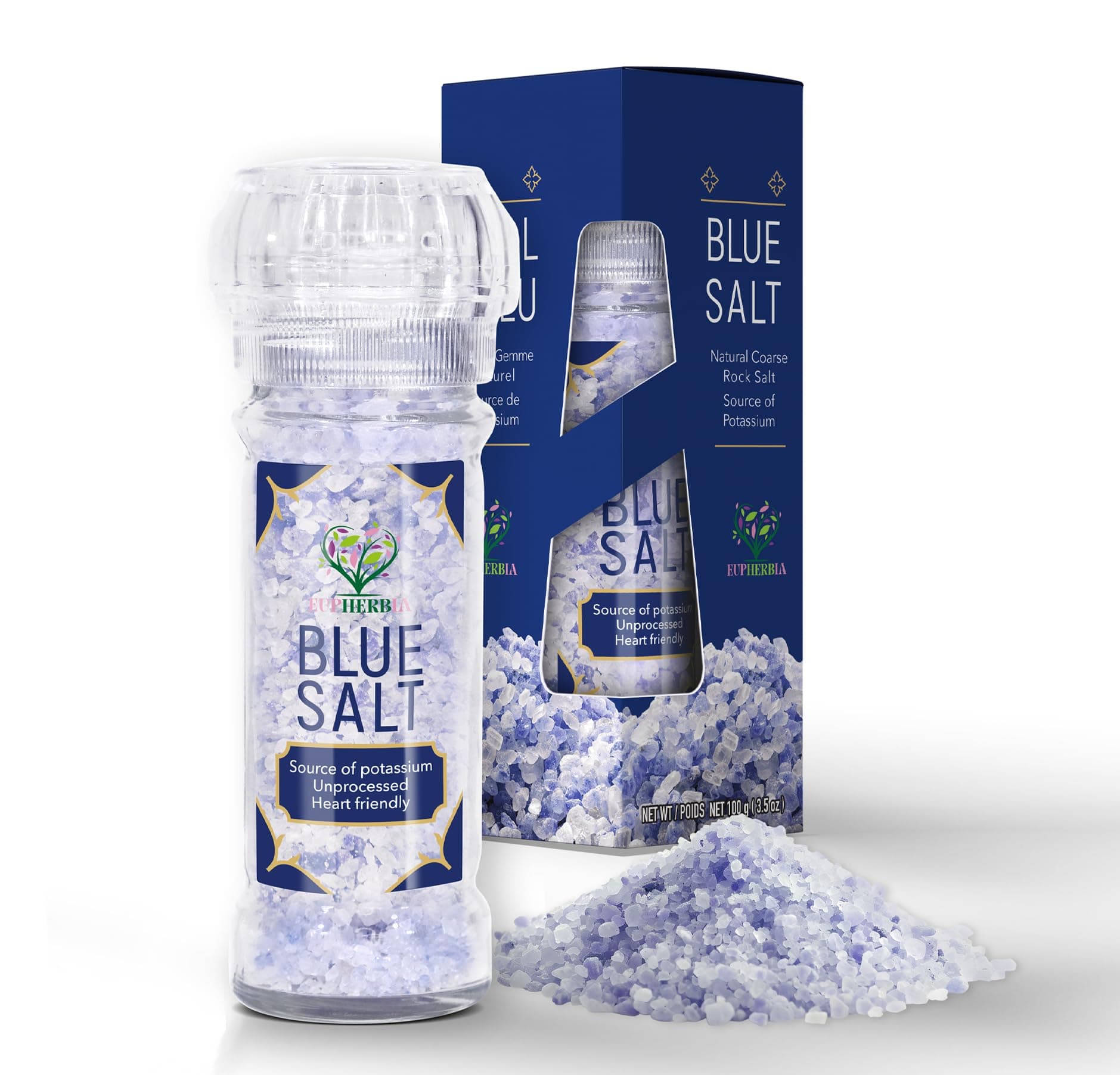 Blue Salt, Coarse, Rare Mineral Salt, High Potassium, Lower Sodium, Natural, Unprocessed, Hand Harvested, Kosher Certified, 100gm (3.5 Oz)