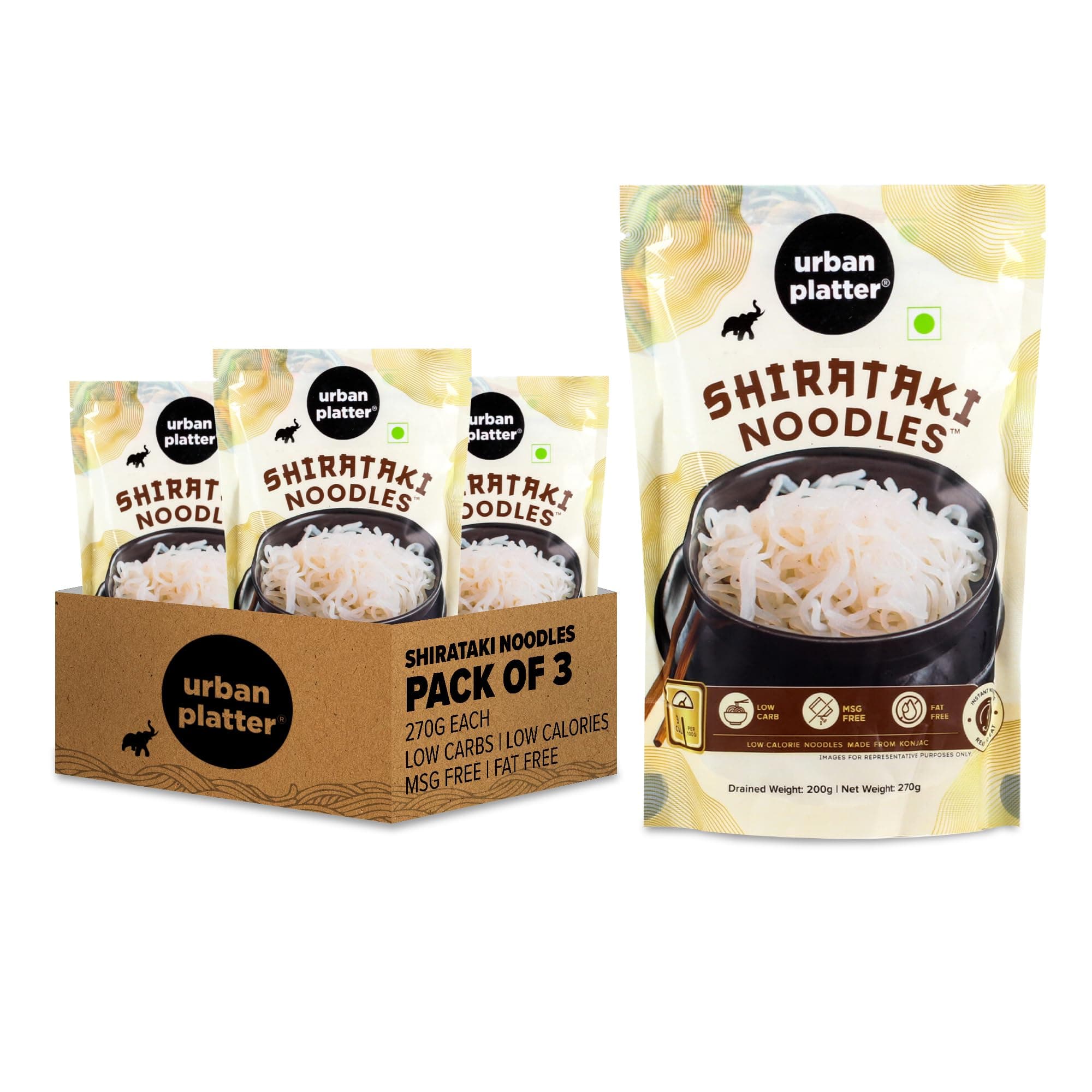 Urban Platter Shirataki Konjac Noodles, 270g, Pack of 3 (Fat-Free, Gluten-Free, Low Carb, Ready to Use)