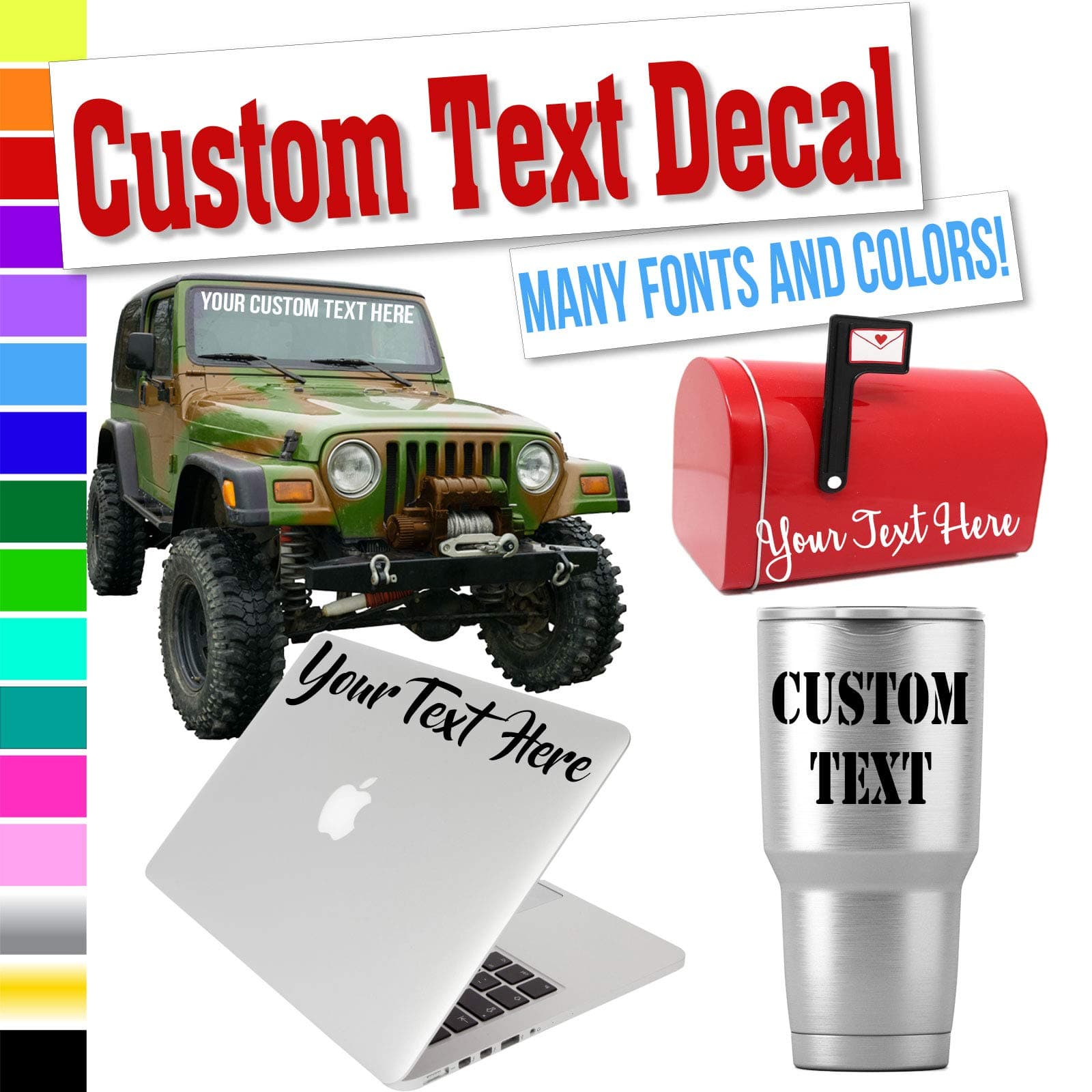 - Custom Decal Text Name Sticker Compatible with Tumbler Cup, Laptop, Phones, Boats, Helmets, Hardhats, Signs, Bottles, Cars and Vehicles (Glitter Colors Available)