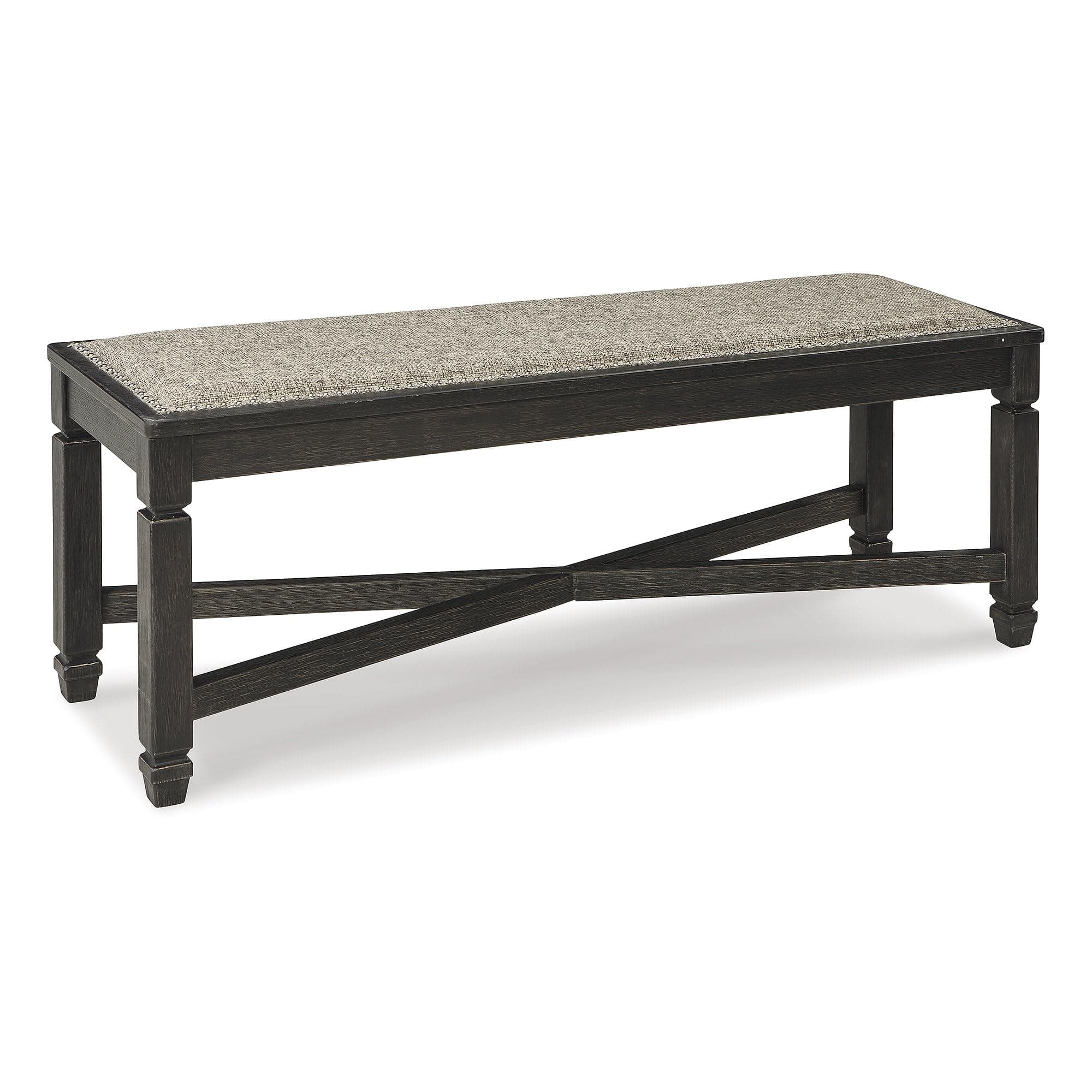 Signature Design by Ashley Tyler Creek Farmhouse Upholstered Dining Room Bench with Tapered Legs, Heavy Woven Fabric, Wood, 19.5" High Seat, Black & Gray