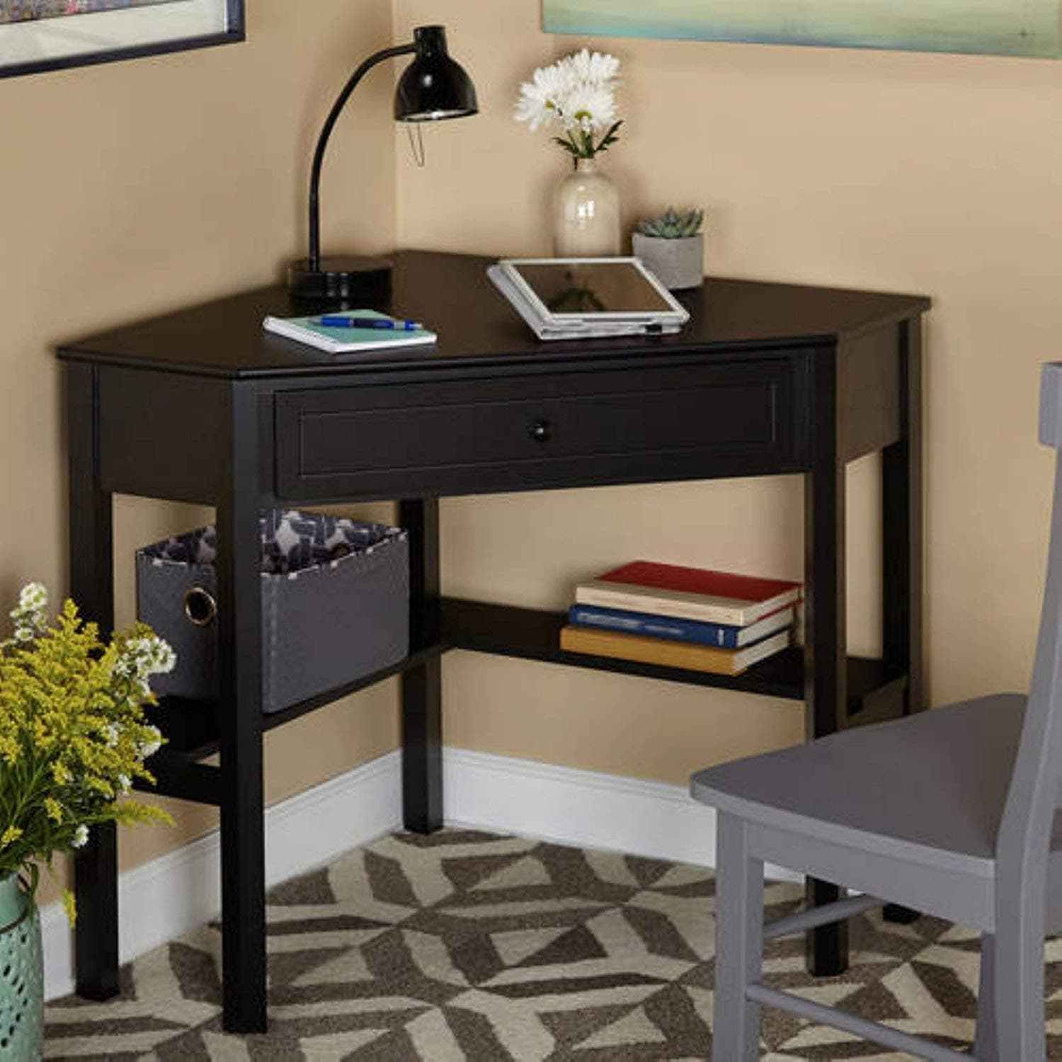 Wood Corner Computer Desk with Pullout Drawer and Shelf in Black