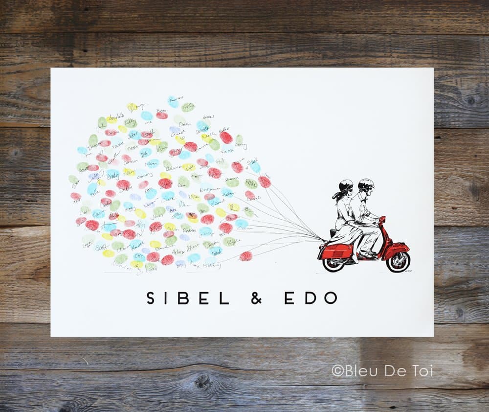 Red Scooter with Balloons, Thumbprint balloon, guest book alternative, similar to Wedding Fingerprint Tree with 3 ink pads and 1 pen