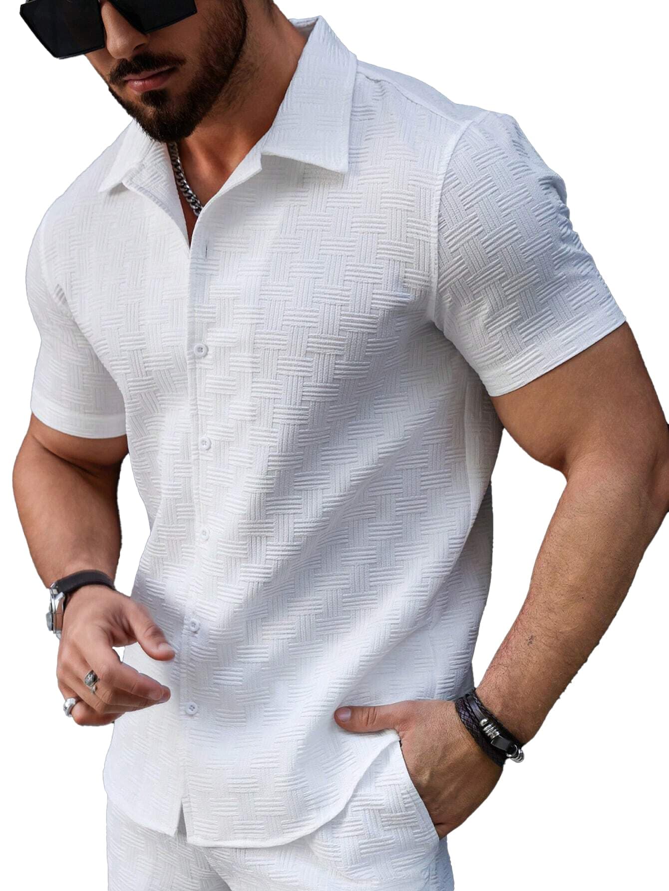SMOWKLY Men's Cotton Blend Waffle Knit Stylish Textured Lapel Collared Short Sleeve Plain Casual Slim Regular Rib-Shirt