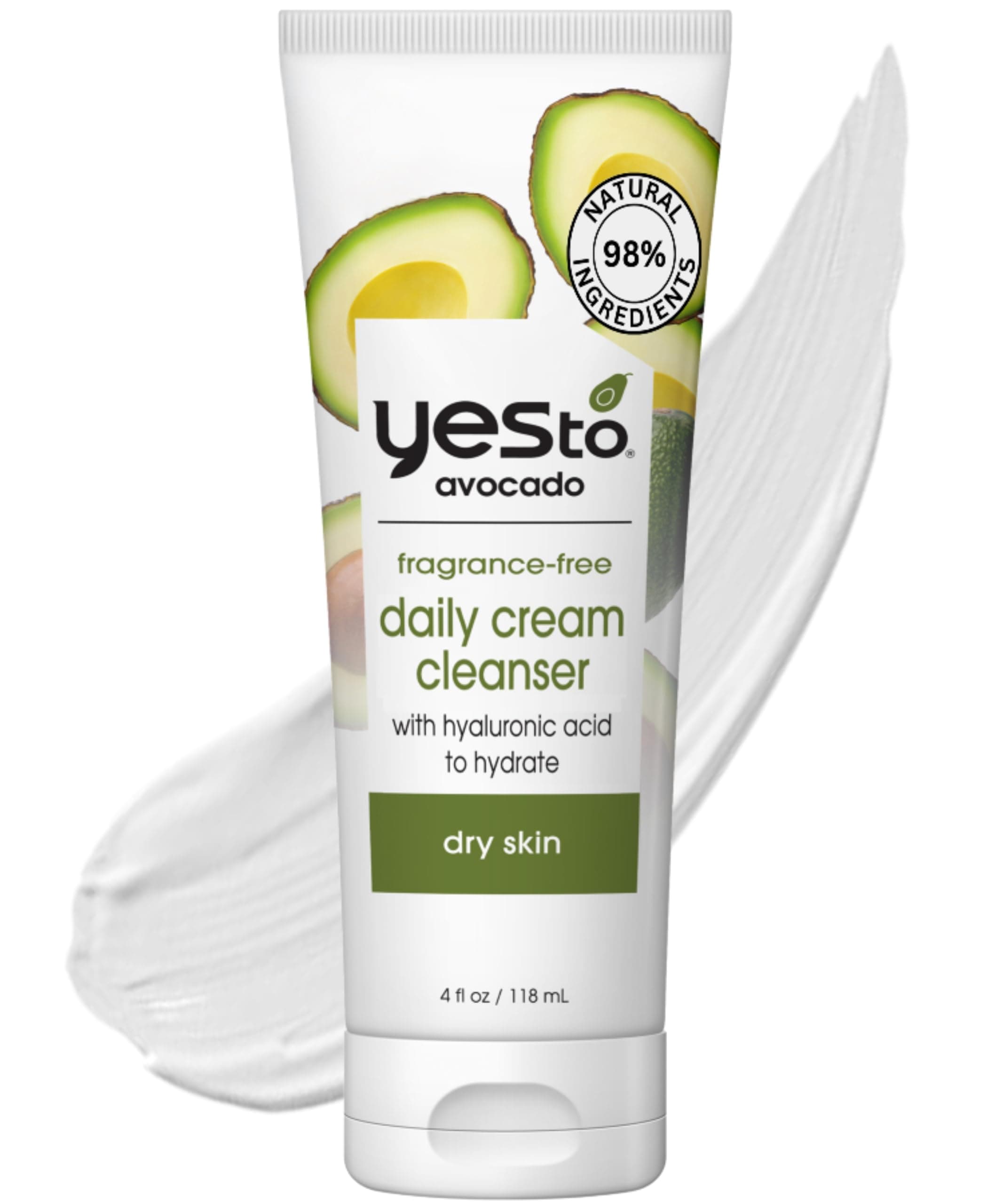 Yes To Avocado Fragrance Free Daily Cream Cleanser, Hydrating Face Wash That Removes Makeup & Impurities Leaving Skin Moisturized With Hyaluronic Acid & Glycerin, Natural Vegan & Cruelty Free, 4 Fl Oz