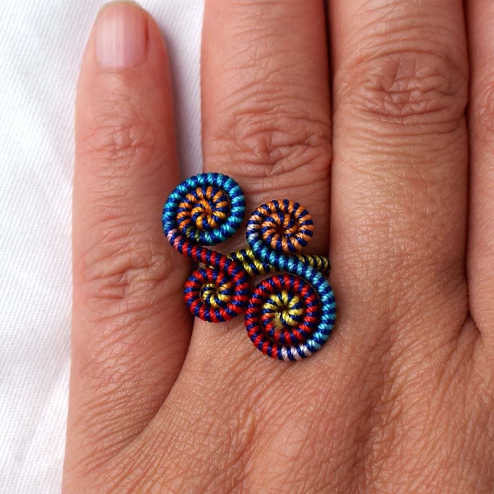 Handmade Rainbow String Wrapped Craft Rings-Cool Colors Lucky Clouds -Try Your Fortune Color