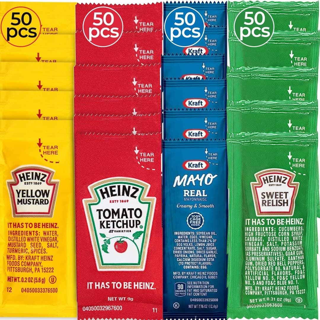 Condiment Packets Variety Pack Bulk Bundle - 200 Individual Condiment Packets for Heinz Lovers, 50 Single Serve Packs of Each: Mayonnaise, Mustard, Sweet Relish and Ketchup Packets - Travel Mini Condiments