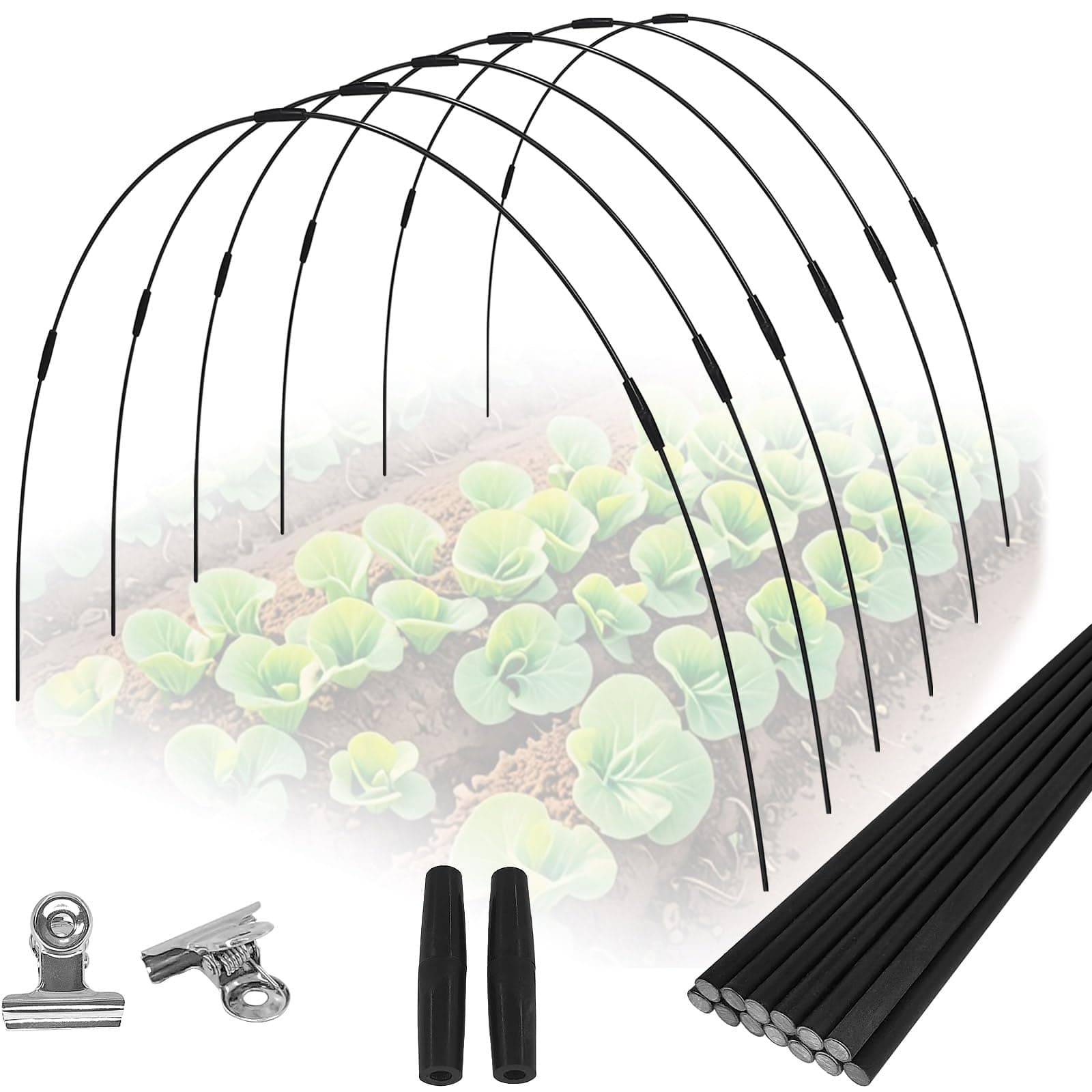 24PCS Garden Hoops Grow Tunnel Kit - 5FT Rust-Free Fiberglass Arches with Plastics Coating (6 Sets) for Raised Beds, Plant Support, Shade Cloth Net, Insect Netting & Row Cover Protection