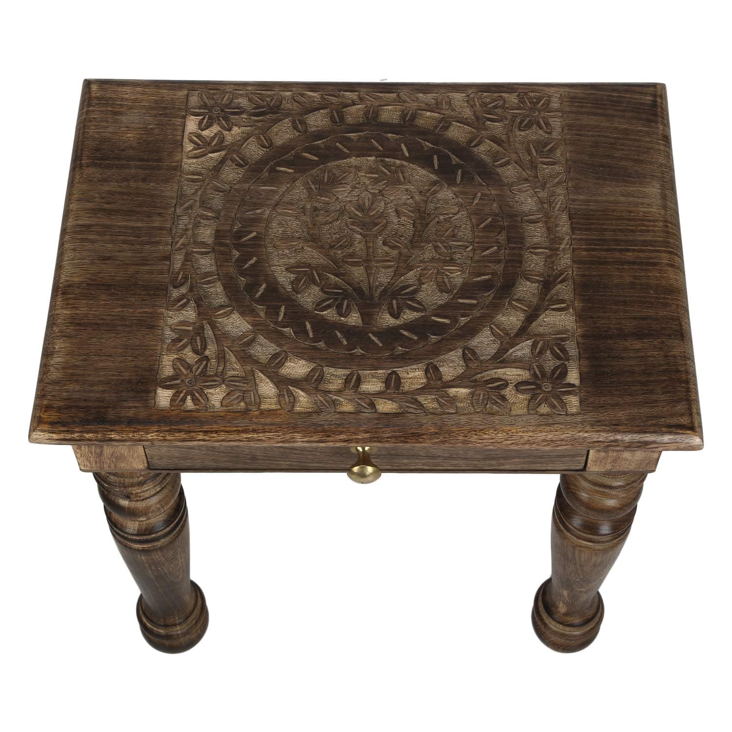 SAVON Wooden Side end Table Square Tree of Life Carved Drawer