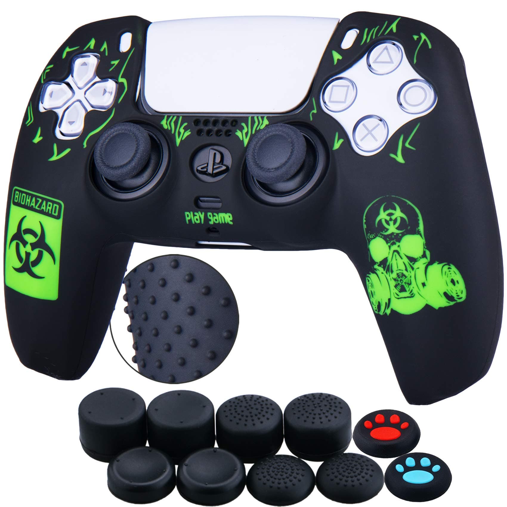 Silicone Rubber Back Dots Carving Customizing Skin Cover for PlayStation 5 Controller PS5 Controller x 1(BH Green) with Pro Thumb Grips x 10