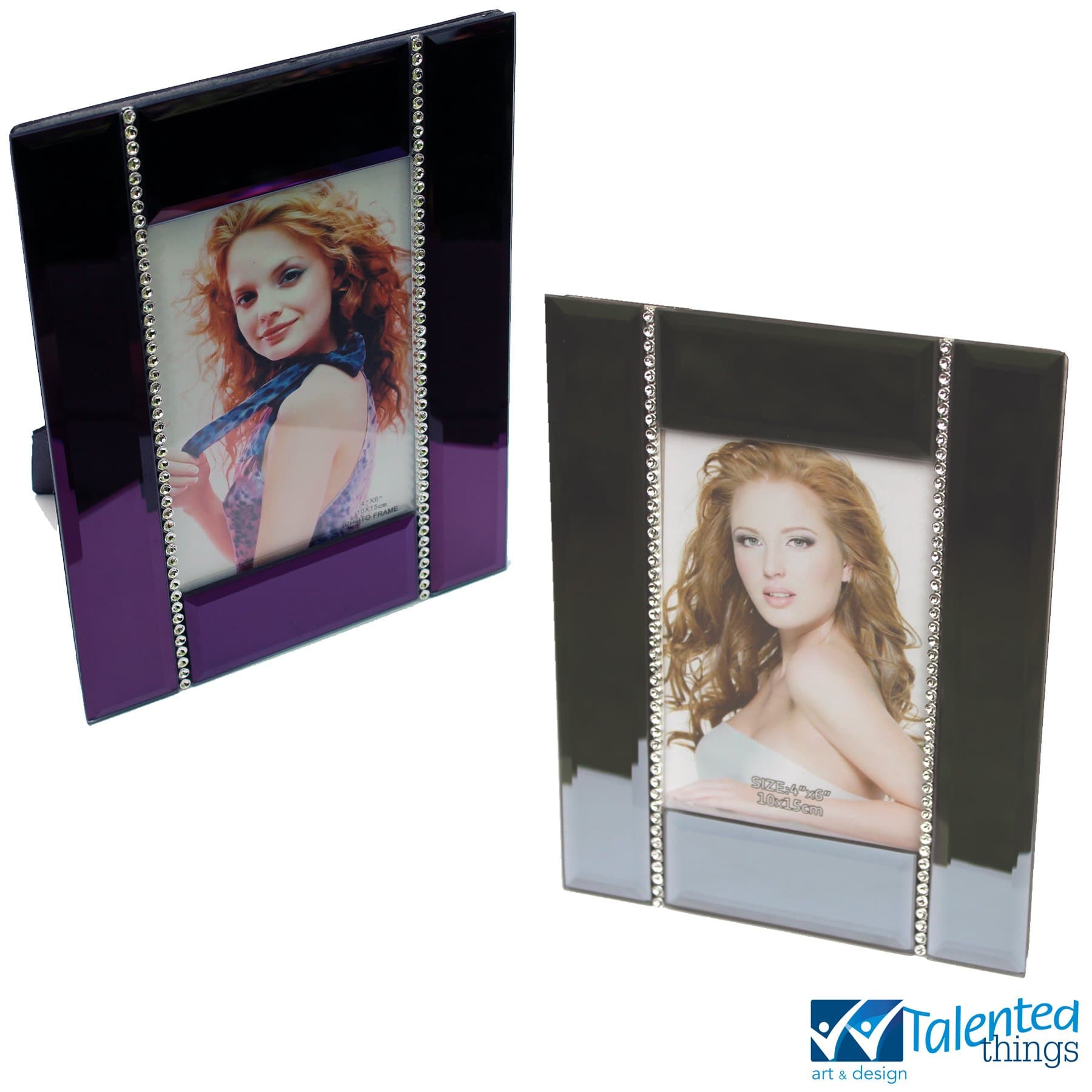 2-PACK DEAL: Two Picture Frames in Purple and Silver Mirror with Elegant Rhinestone Details. WEDDING COLLECTION - Bling, Beveled, Mirrored - 4 x 6-inch - (2 FRAMES PACK)