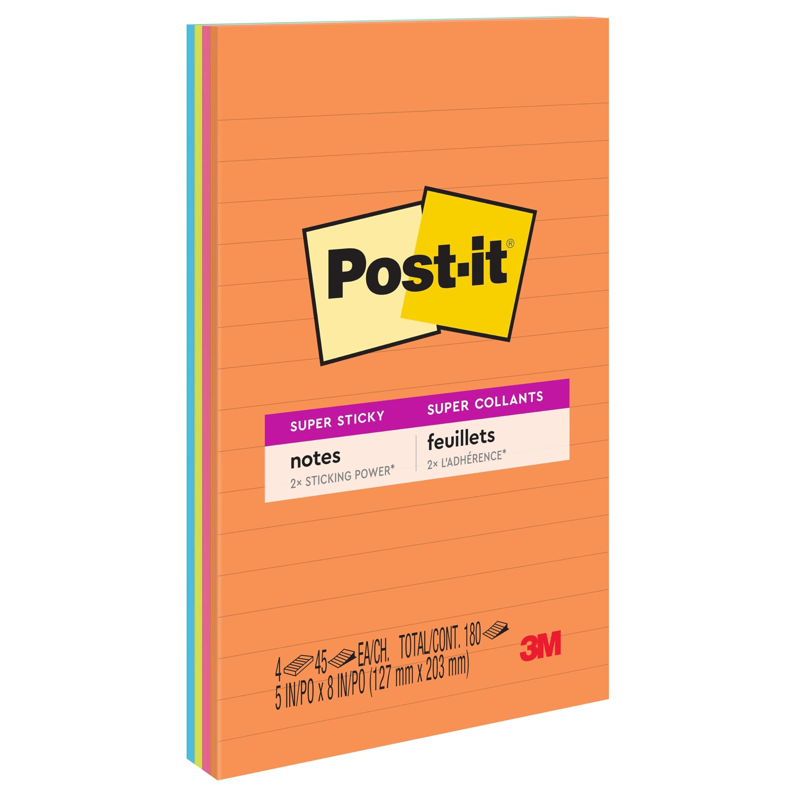 Super Sticky Lined Notes, 4 Sticky Note Pads, 5 x 8 in., Ideal for Organization in Your Dorm, Home or Office, Energy Boost Collection