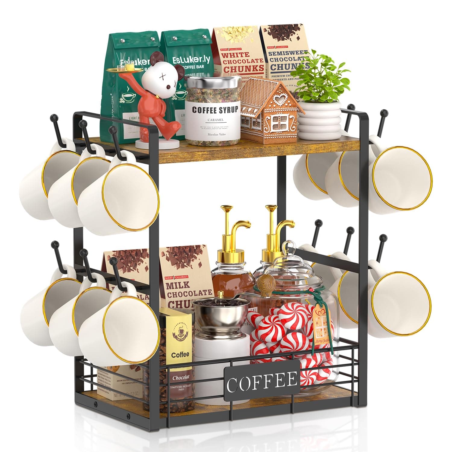 EsLuker.ly 2 Tier Coffee Bar Organizer Countertop Station Rack for Kitchen, Multi-Functional Coffee Mug Holder Display Stand, Accessory Storage Shelf with 12 Hooks, Vintage Brown-Black
